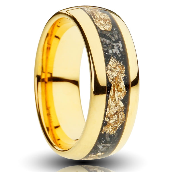 Polished Gold Tungsten Ring with Gold Leaf & Meteorite Inlay - 8MM