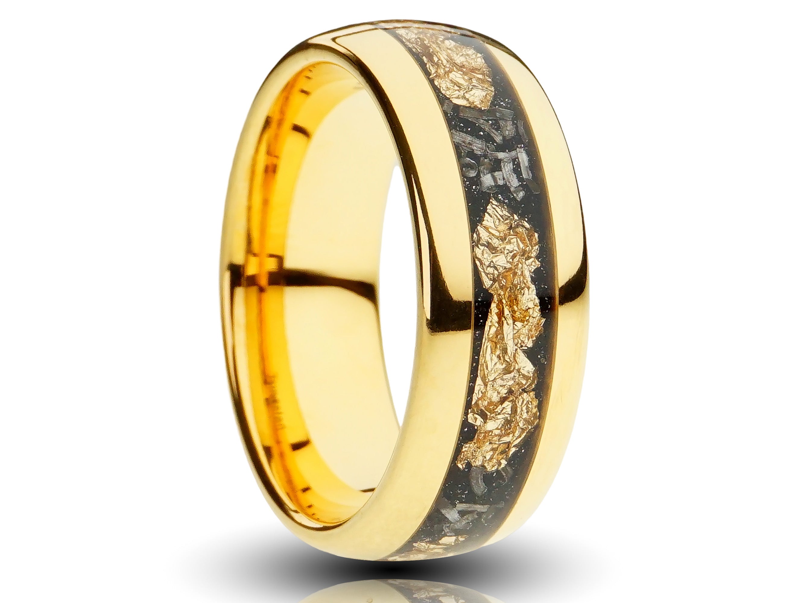 Gold leaf meteorite tungsten ring, 8mm gold foil inlay, gold plated tungsten, mens wedding band, cutout photo