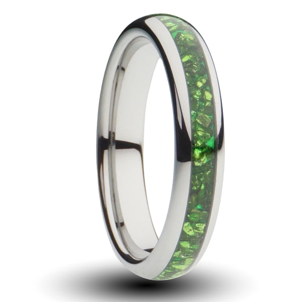 Green Emerald silver ring, 4mm green lab grown emerald inlay, womens wedding band, cutout