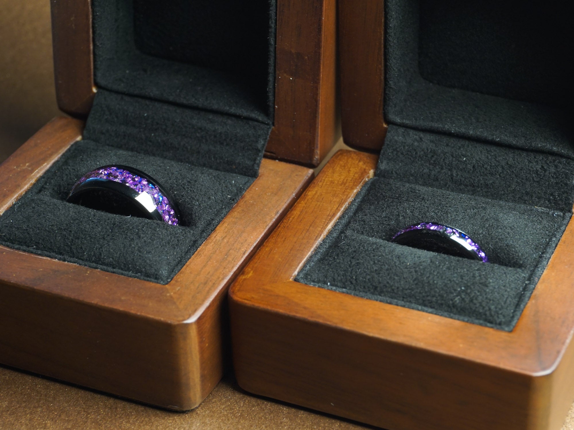 Lab alexandrite wedding ring set, his and hers matching bands, black plated tungsten rings with gemstone inlay, walnut wood ring boxes