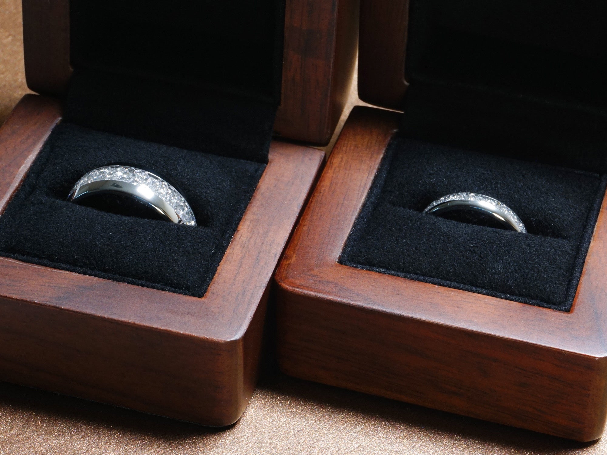 Lab diamond wedding ring set, his and hers matching rings, silver tungsten rings with gemstone inlay, walnut wood ring boxes