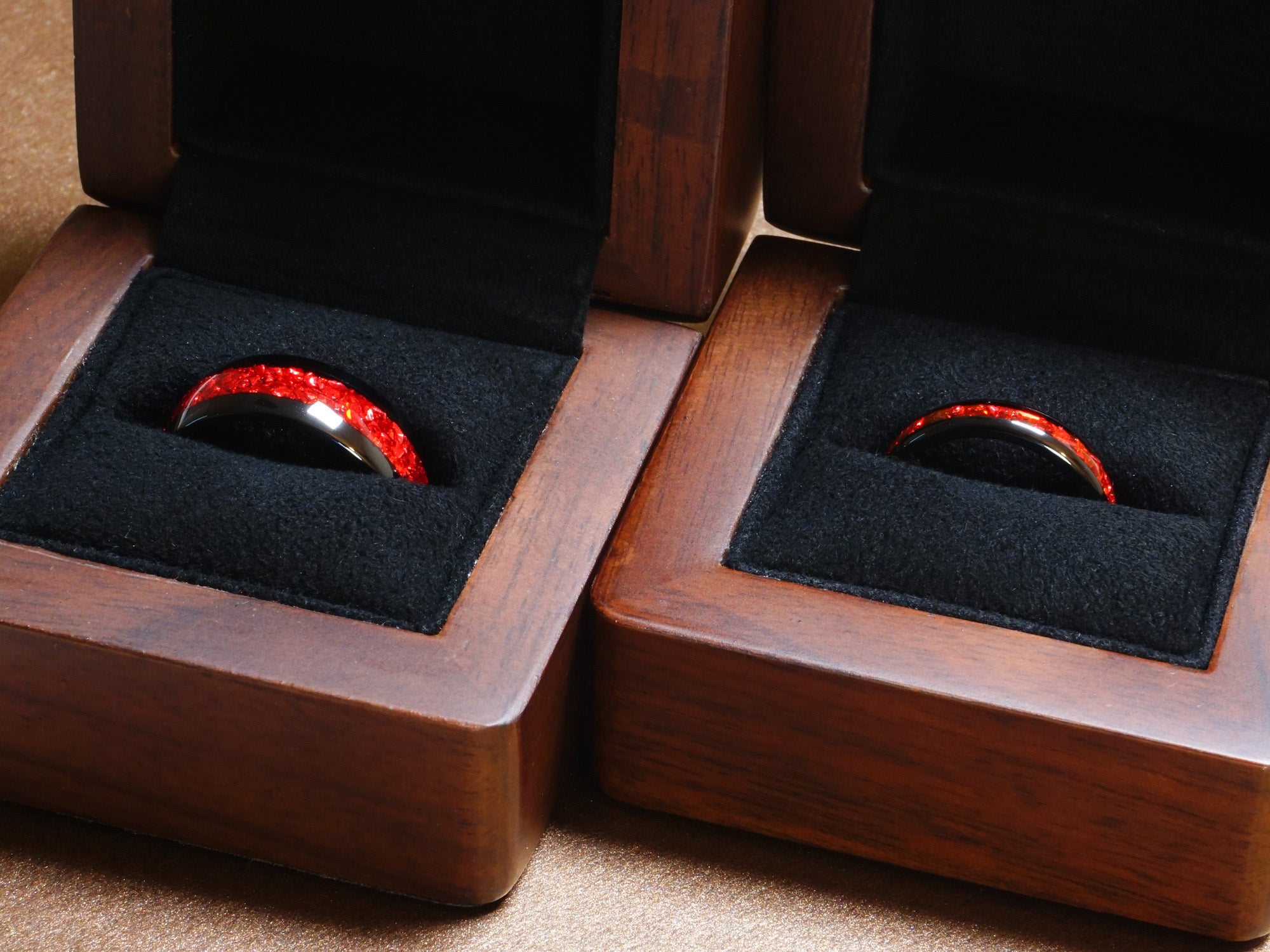 Lab garnet wedding ring set, his and hers matching bands, black plated tungsten rings with gemstone inlay, walnut wood ring boxes.jpg