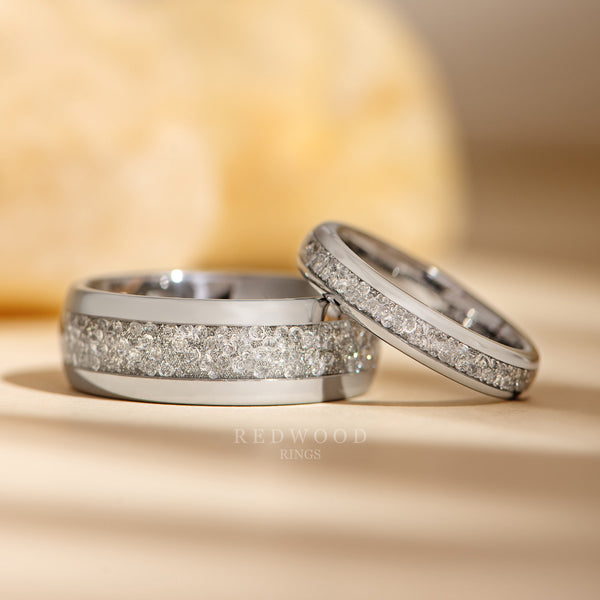 MATCHING SILVER Lab DIAMOND tungsten rings, 8mm and 4mm matching wedding bands