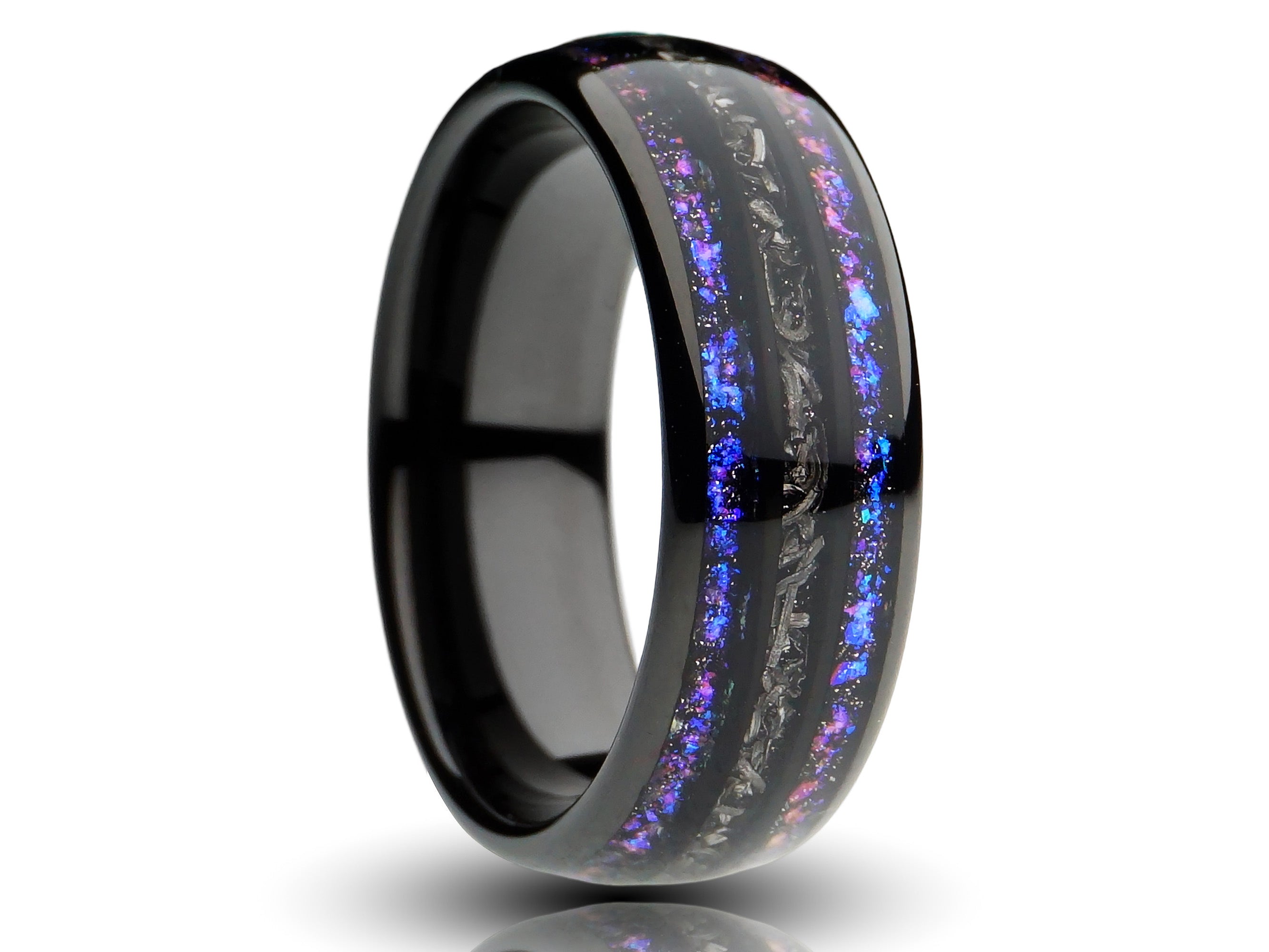 Meteorite and galaxy tungsten ring, 8mm black band with meteorite and galaxy triple inlays inlay, comfort fit, mens wedding band, cutout photo etsy