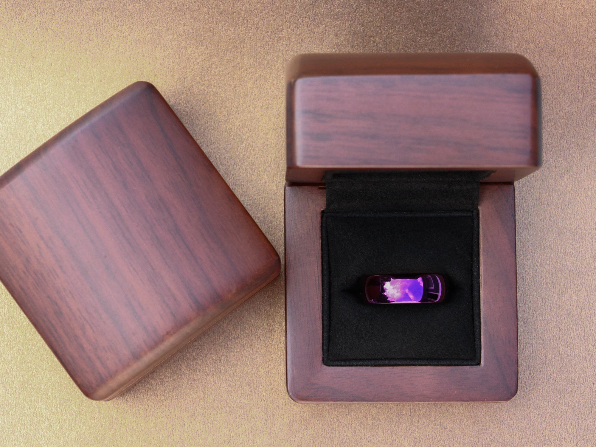 Purple tungsten ring, unique mens wedding ring, shiny purple polished ring, walnut wood box