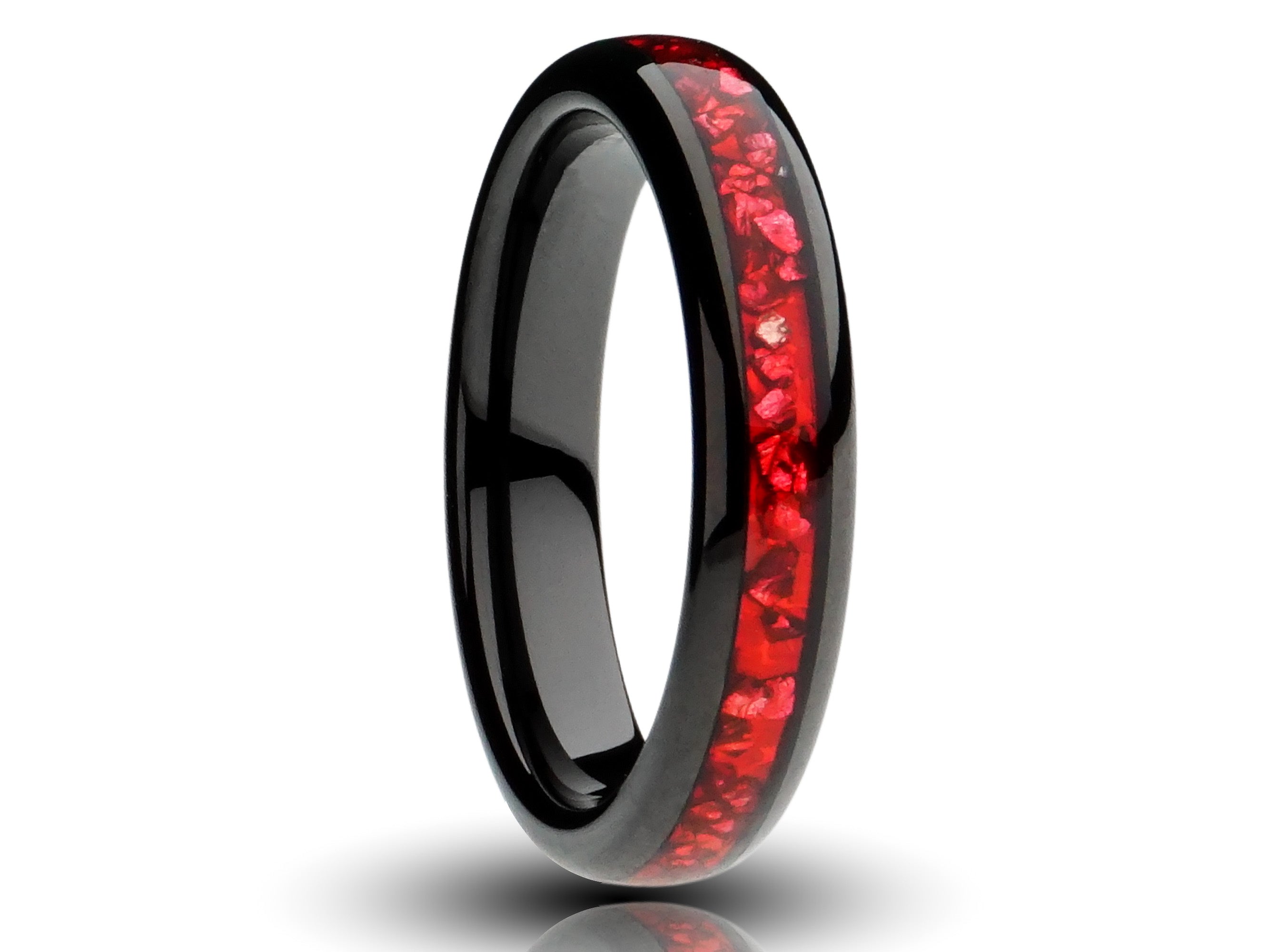 Red Garnet black band, 4mm lab grown garnet inlay, black ruby tungsten ring, mens wedding band, cutout