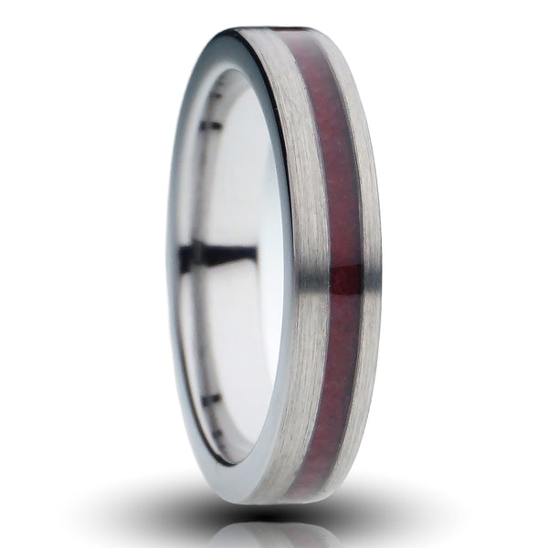 Silver garnet tungsten ring, 4mm genuine red garnet inlay, flat brushed finish, cutout