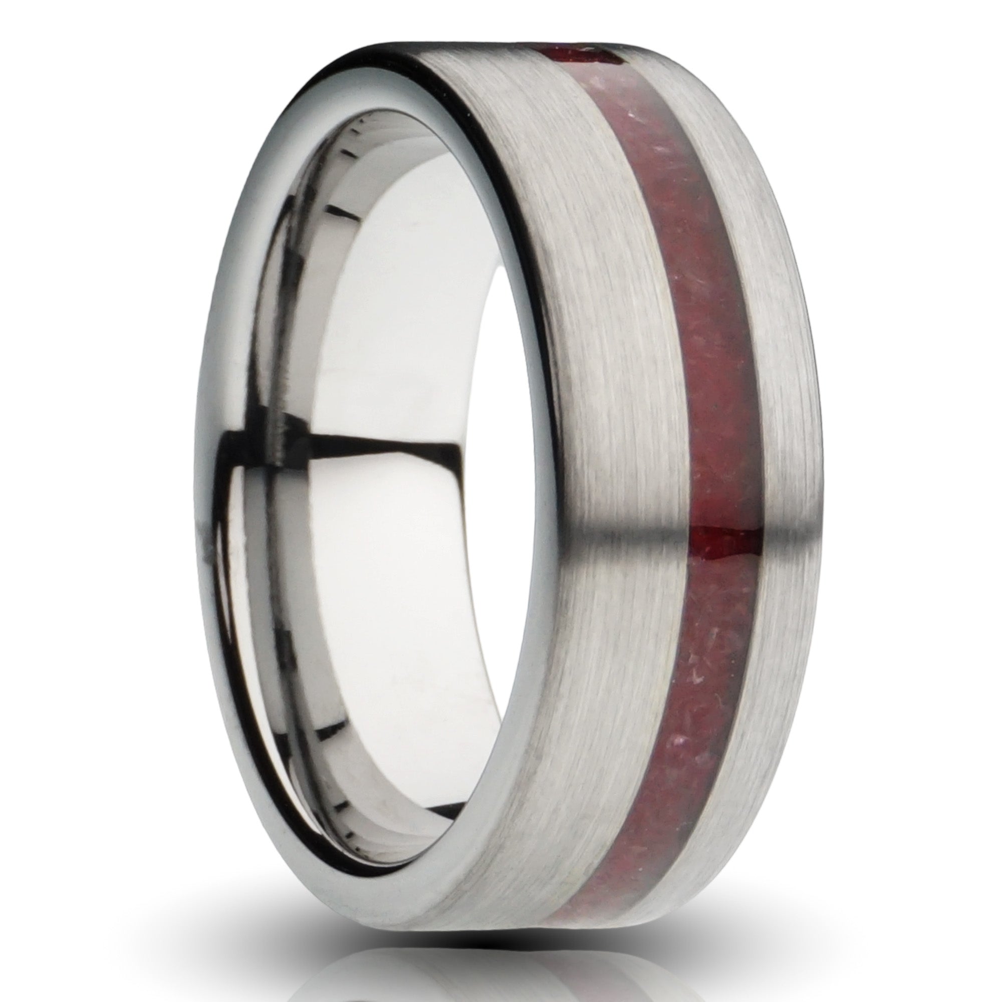 Silver Garnet Mens Ring, Brushed Silver Tungsten with Genuine Garnet Inlay - 8MM