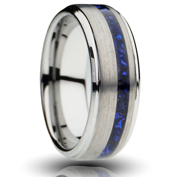 Silver Tungsten Ring, Blue Lab-Created Sapphire Strip Inlay, Stepped Edges - 8MM