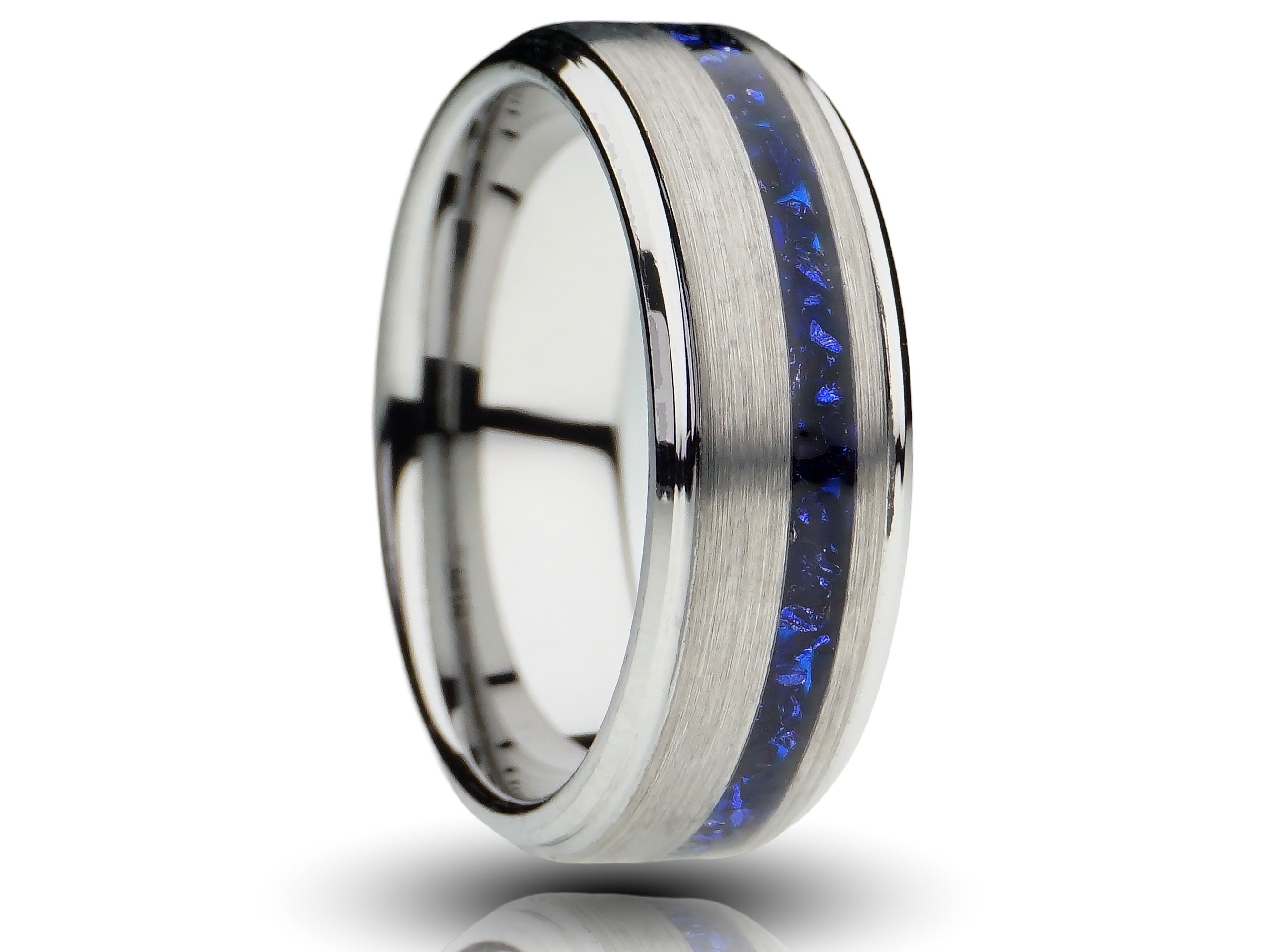 Silver sapphire gentlemans band, lab grown offset blue sapphire inlay, unplated silver tungsten, brushed finish with stepped edges, cutout photo