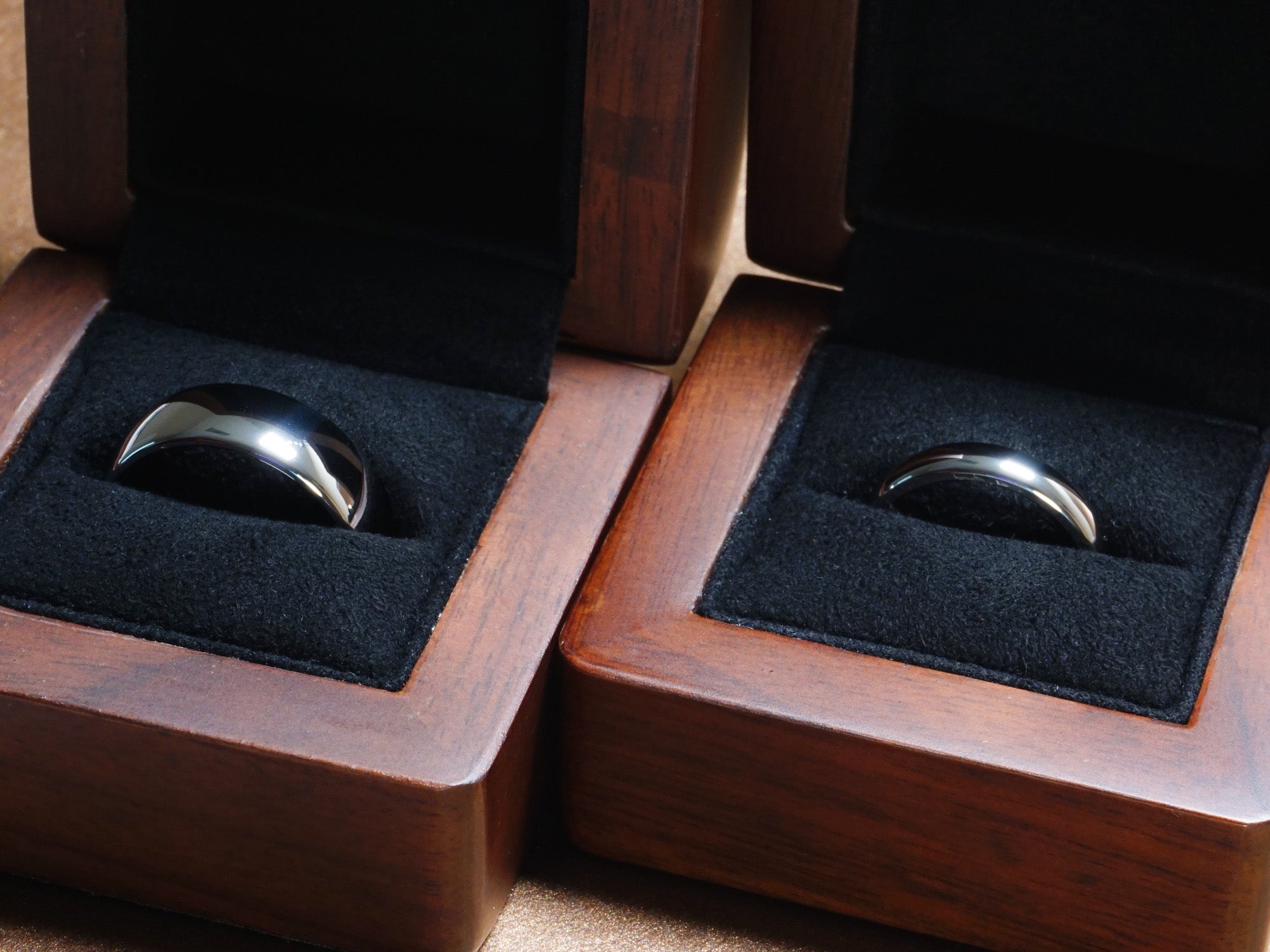 Silver wedding ring set, his and hers matching rings, minimalist silver tungsten, walnut wood ring boxes