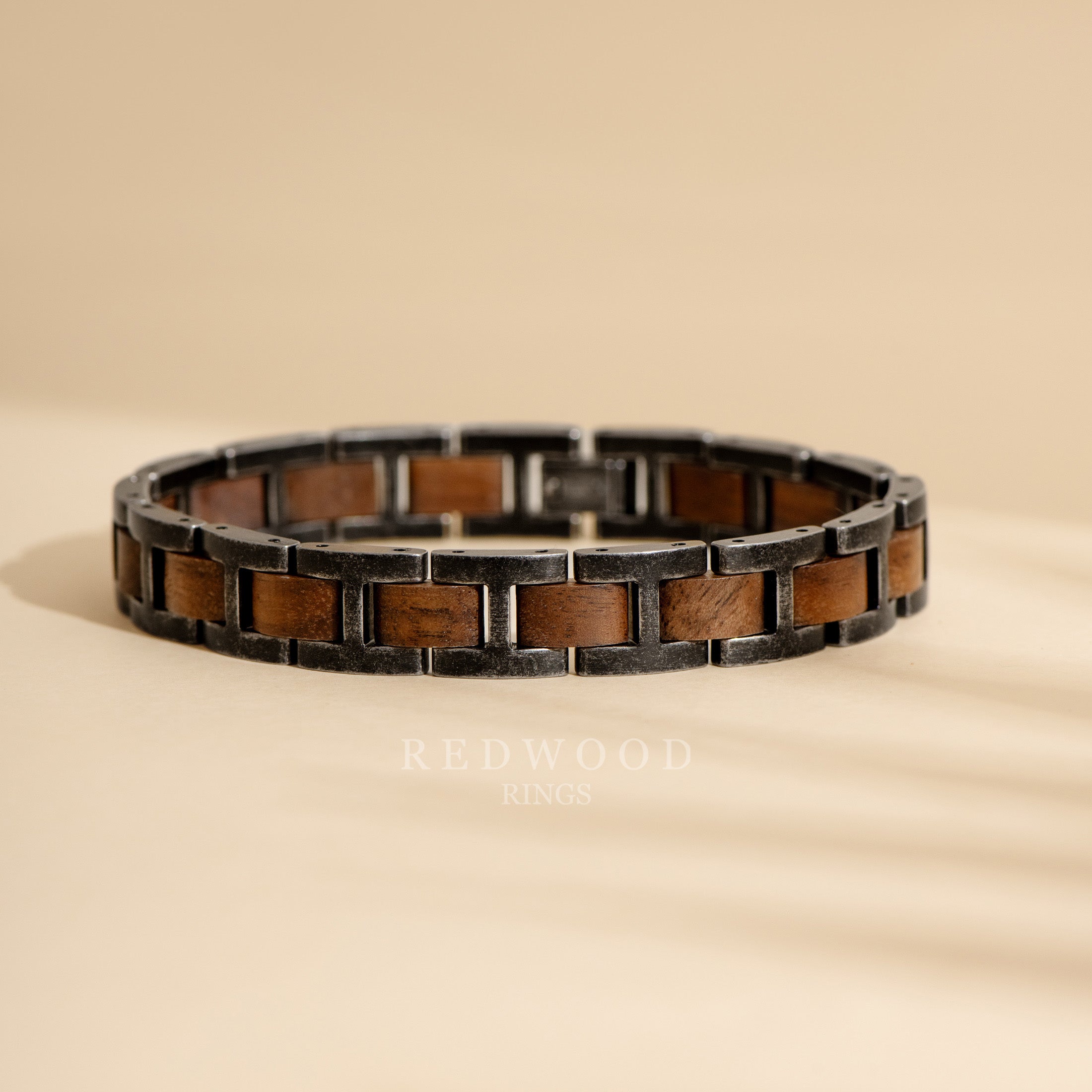 Stainless Steel & Walnut Wood Link Bracelet - Distressed Black