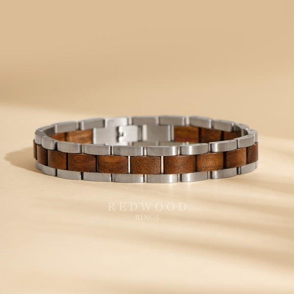 adjustable wood bracelet with stainless steel links, mens jewelry gift