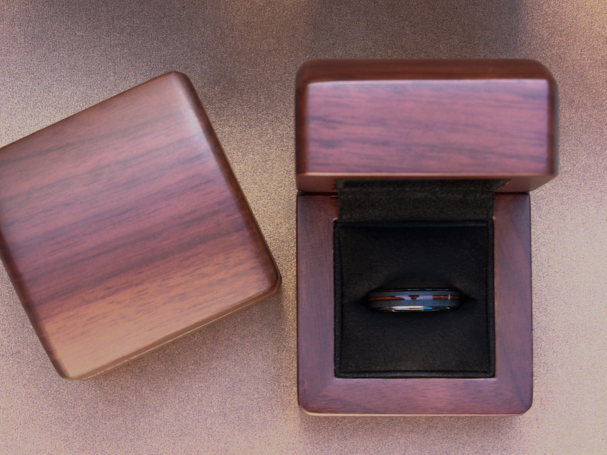 aloha tungsten 6mm ring, black ring with koa wood inlay, unique mens wedding ring, walnut wood box