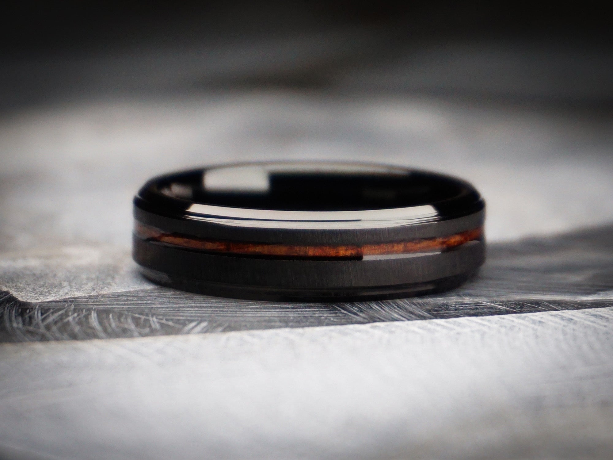 black aloha ring with koa wood inlay, 6mm width, black gentlemans band, mens koa wood wedding ring, dark stone