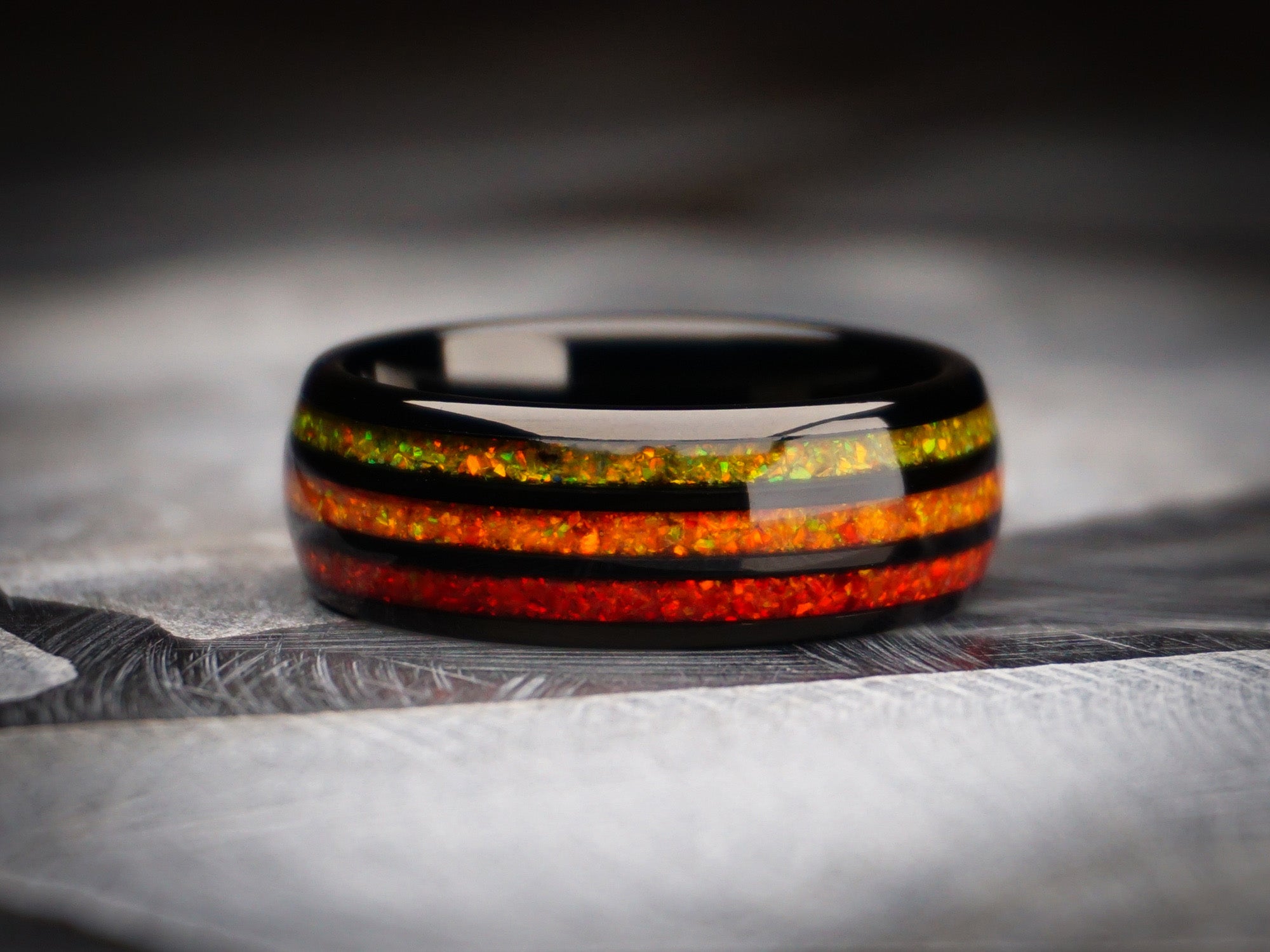 black bonfire polished ring with triple opal imlay, black red orange yellow tungsten ring, 8mm width, unique mens wedding ring, dark stone