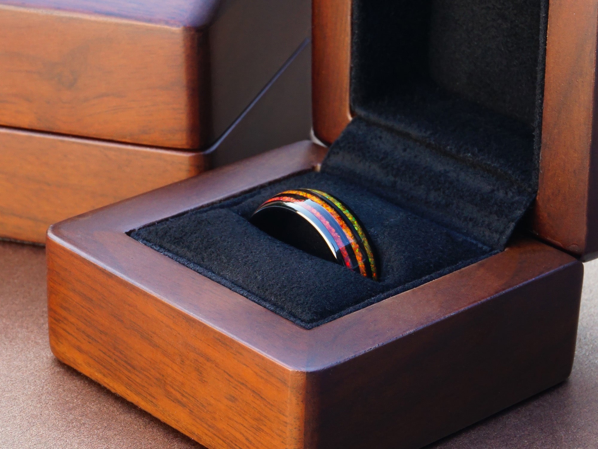 black bon fire tungsten ring, polished black ring with red orange yellow opal inlays, mens wedding band, luxury wood ring box