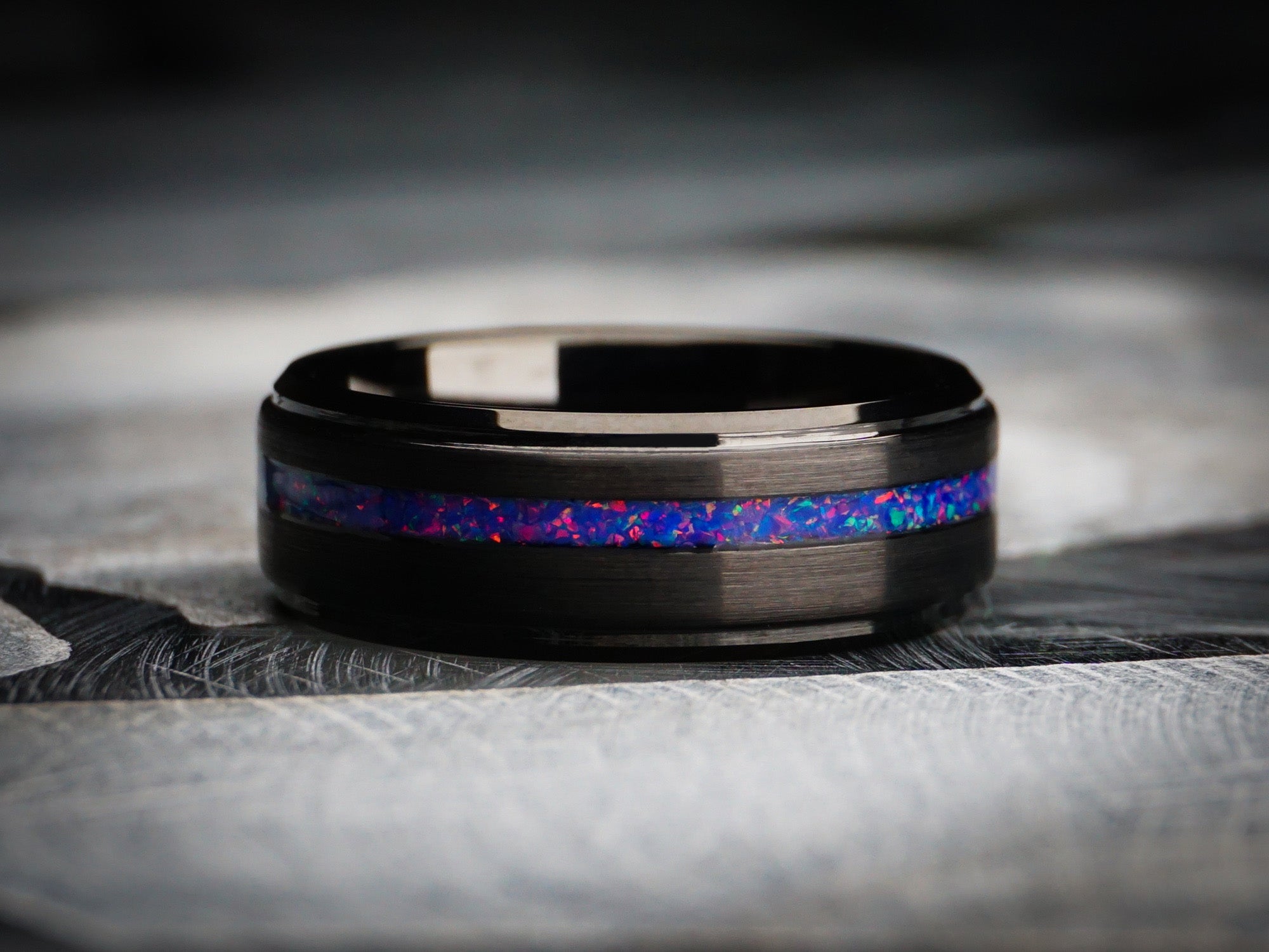 black brushed ring with purple opal gemstone inlay, 8mm width, black gentlemans band, mens opal wedding ring, dark stone