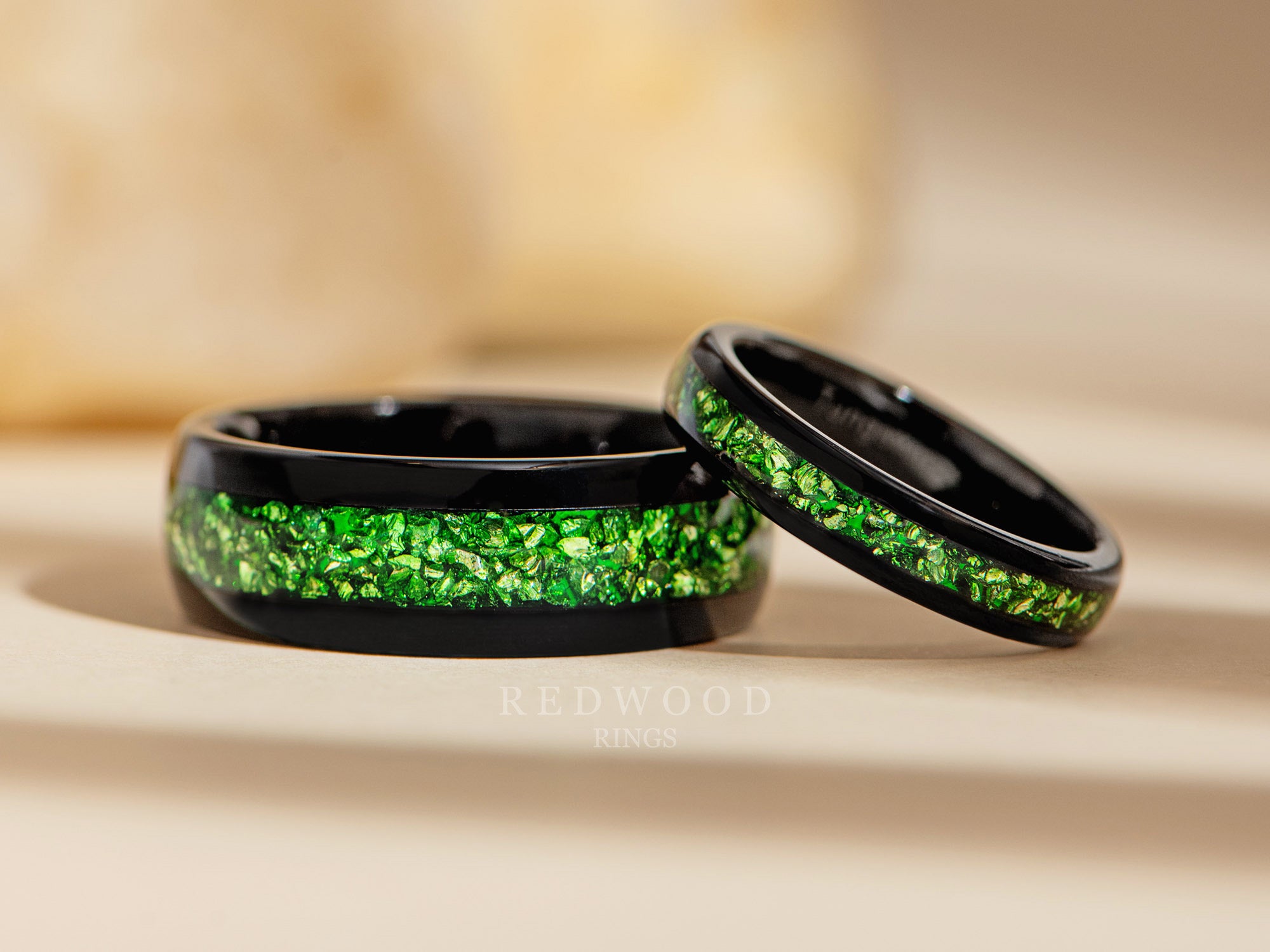 black emerald rings, matching set for him and her 8mm and 4mm