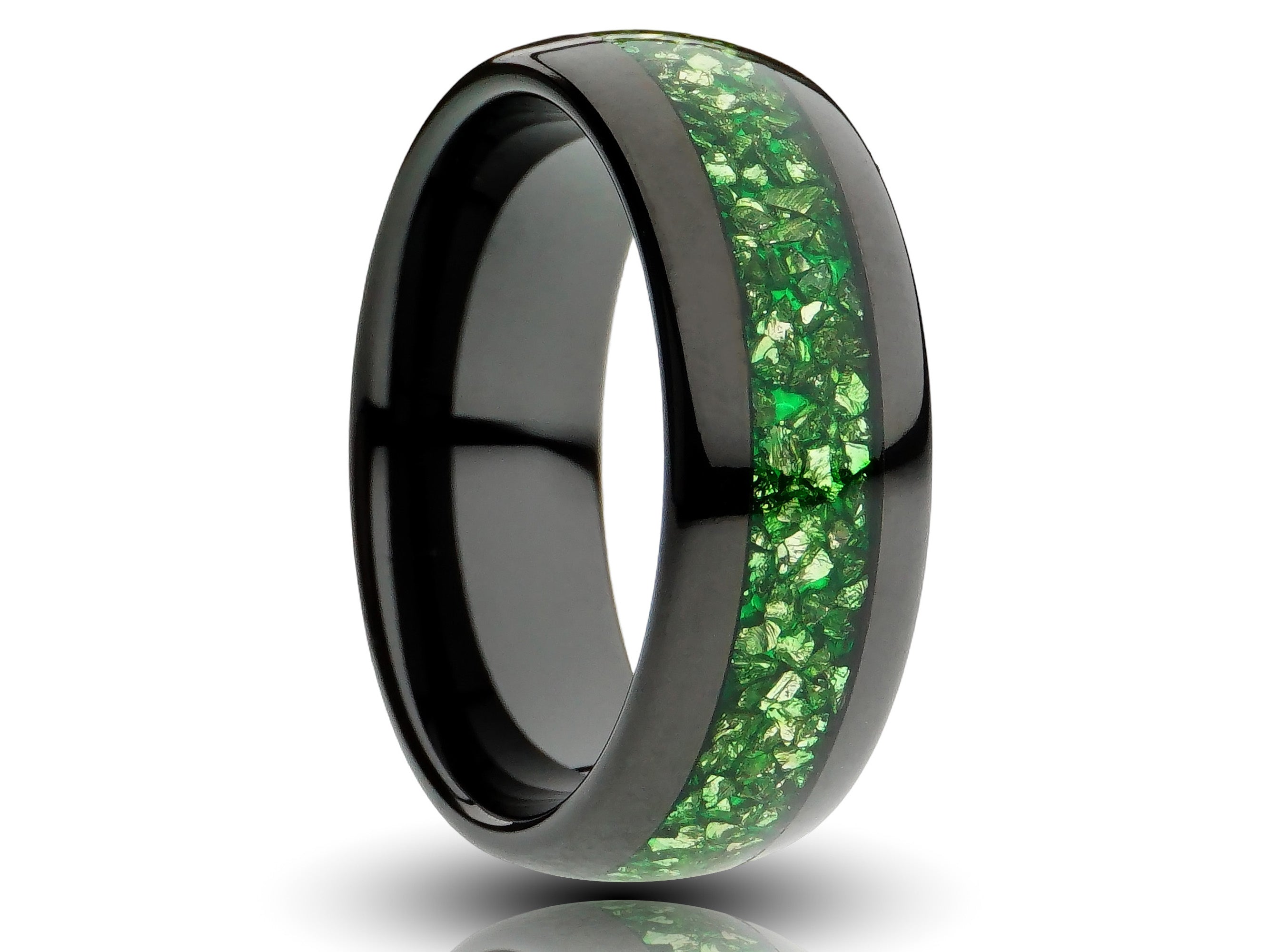 black emerald tungsten ring, 8mm green lab created emerald inlay, black plated tungsten, comfort fit mens wedding band, cutout