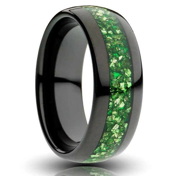 Black Tungsten Ring, Green Emerald Gemstone Inlay - 8MM