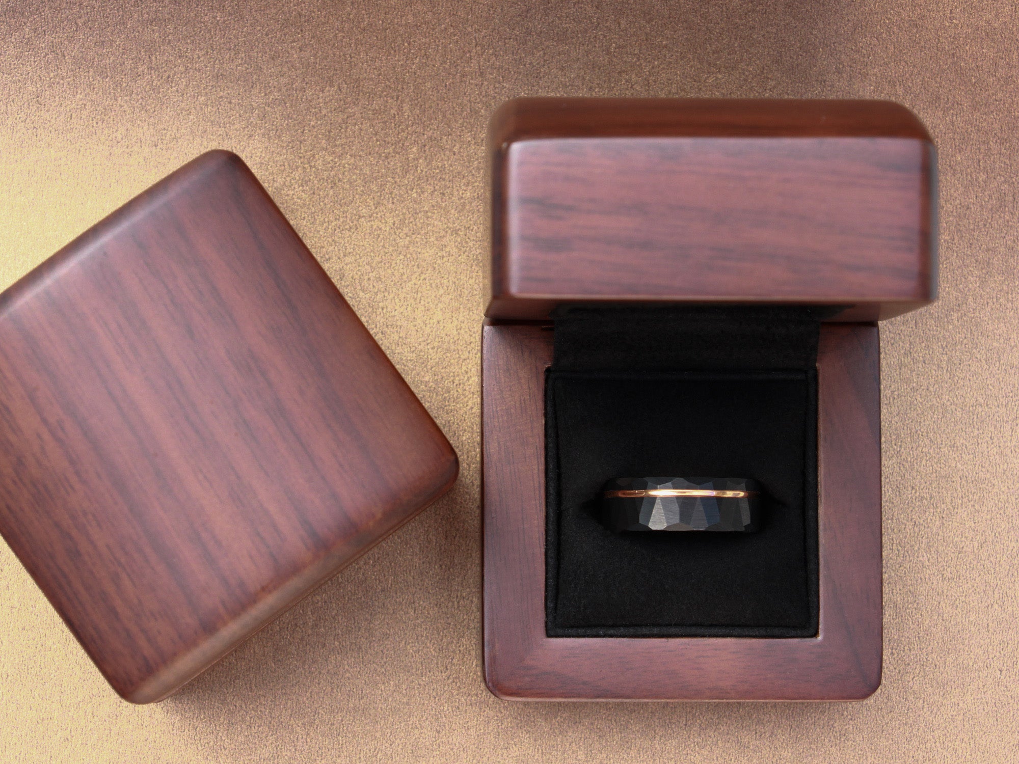 black hammered zeus ring, unique mens wedding ring, black hammered tungsten ring with rose gold strip inlay, walnut wood box