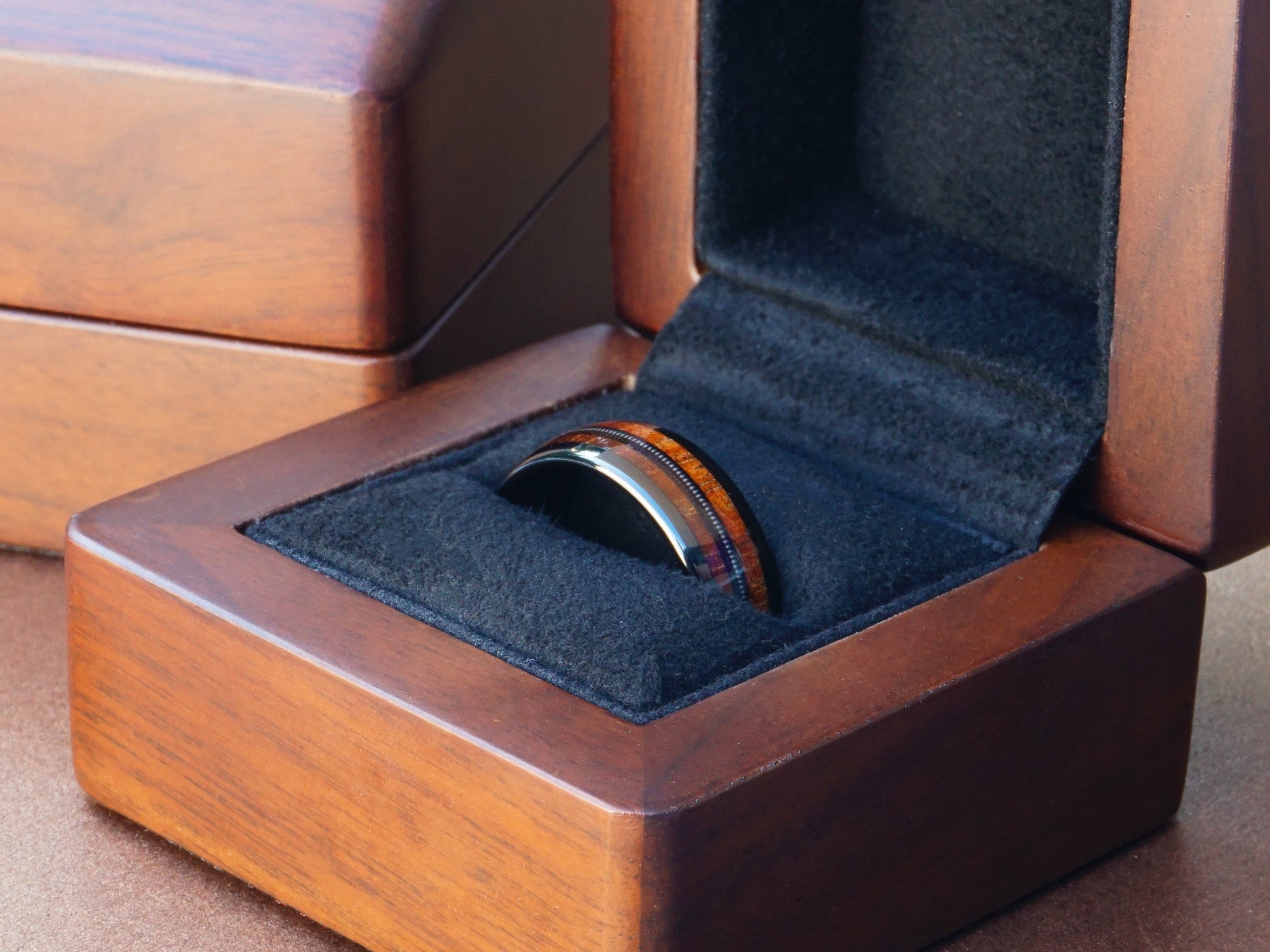 black koa guitar string tungsten ring, polished black ring with koa wood and guitar string inlays, mens wedding band, luxury wood ring box