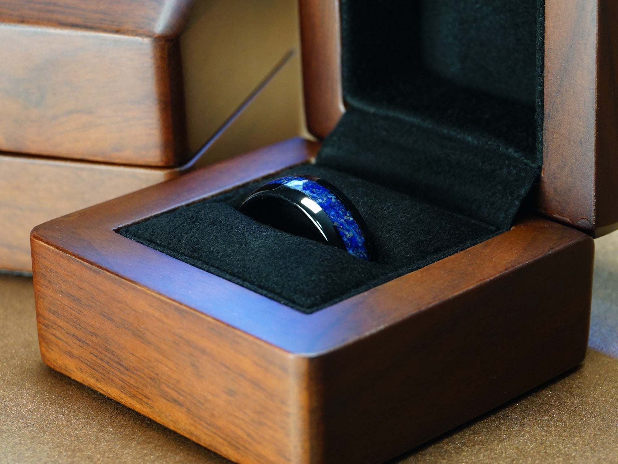 black lapis lazuli tungsten ring black polished 8mm ring with blue lapis inlay mens wedding band luxury wood ring box