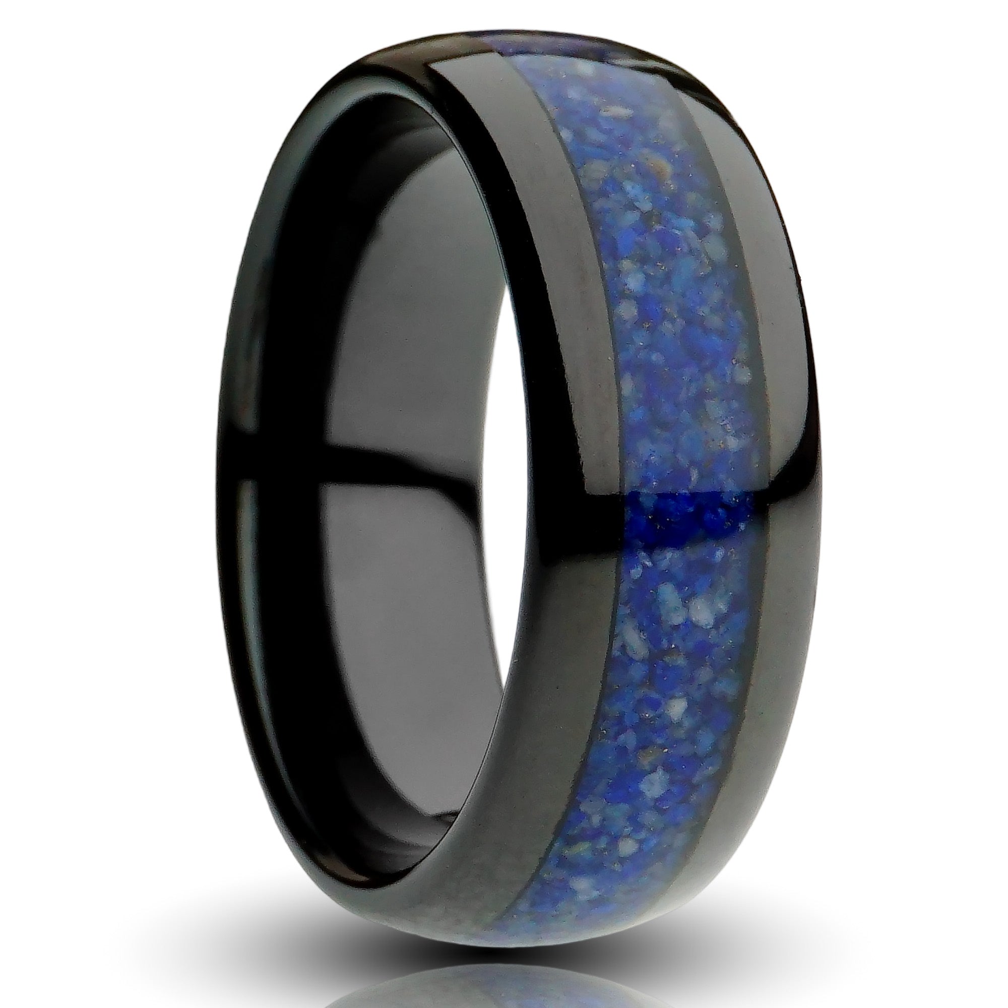 black lapis tungsten ring 8mm blue lapis lasuli inlay black plate dtungsten comfort fit mens wedding band cutout