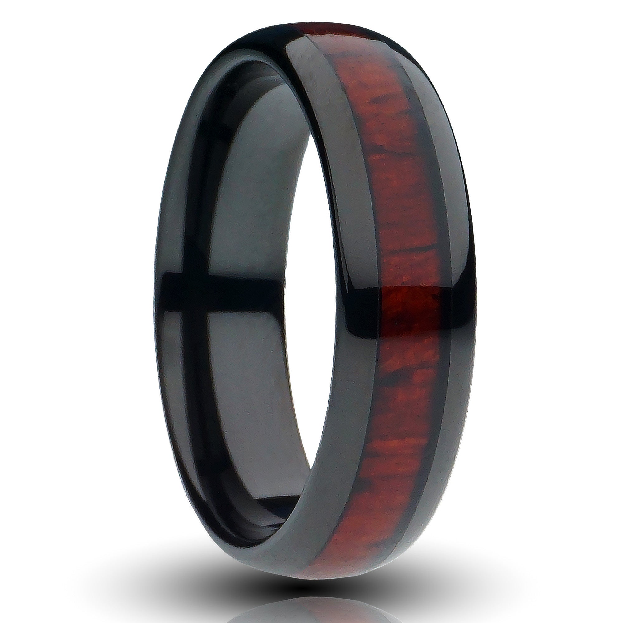 black redwood tungsten ring, 6mm polished wedding band with sequoia redwood inlay, cutout