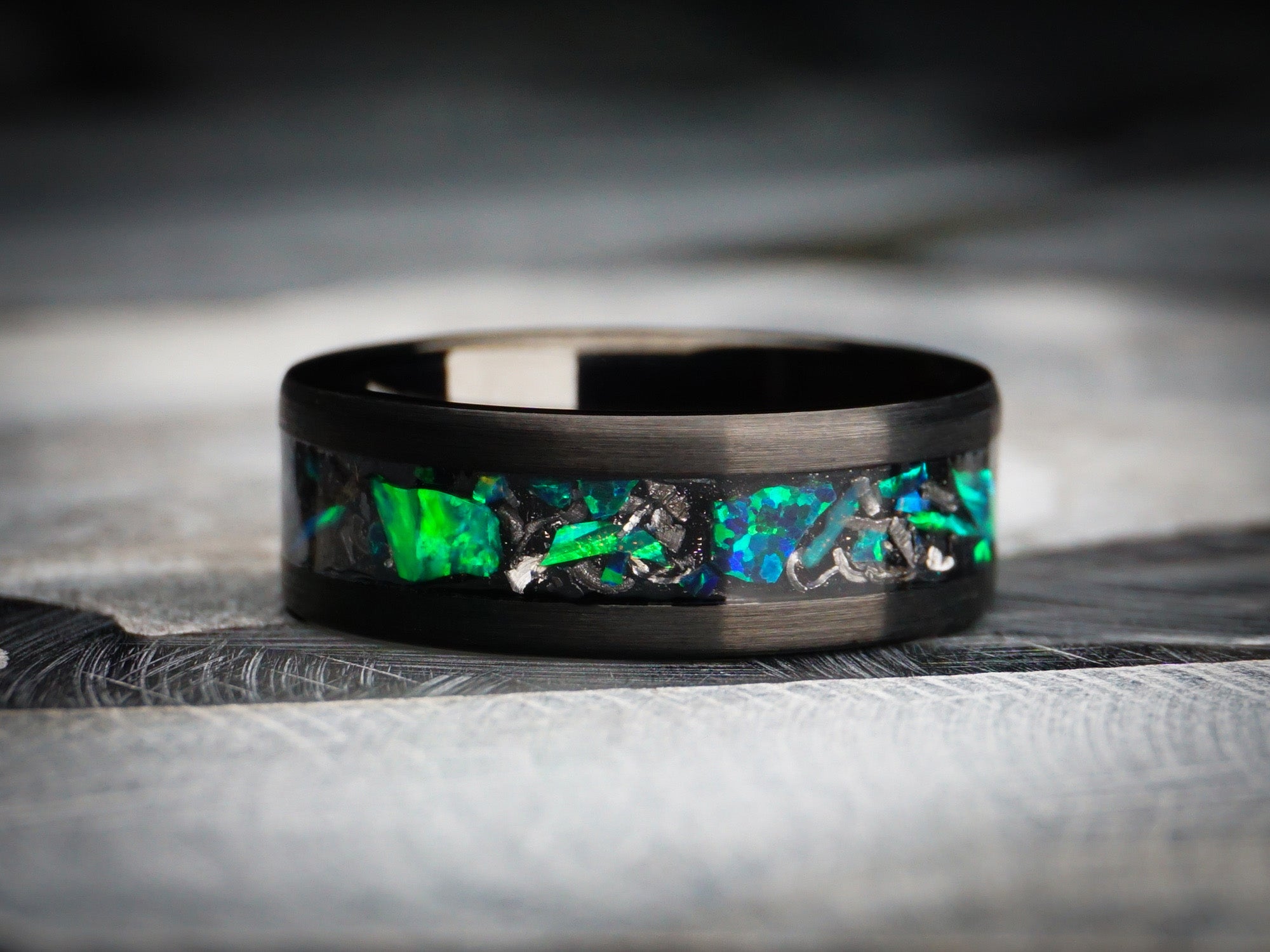 black ring with green opal gemstone and meteorite, black green meteor tungsten ring, 8mm width, unique mens wedding ring, dark stone