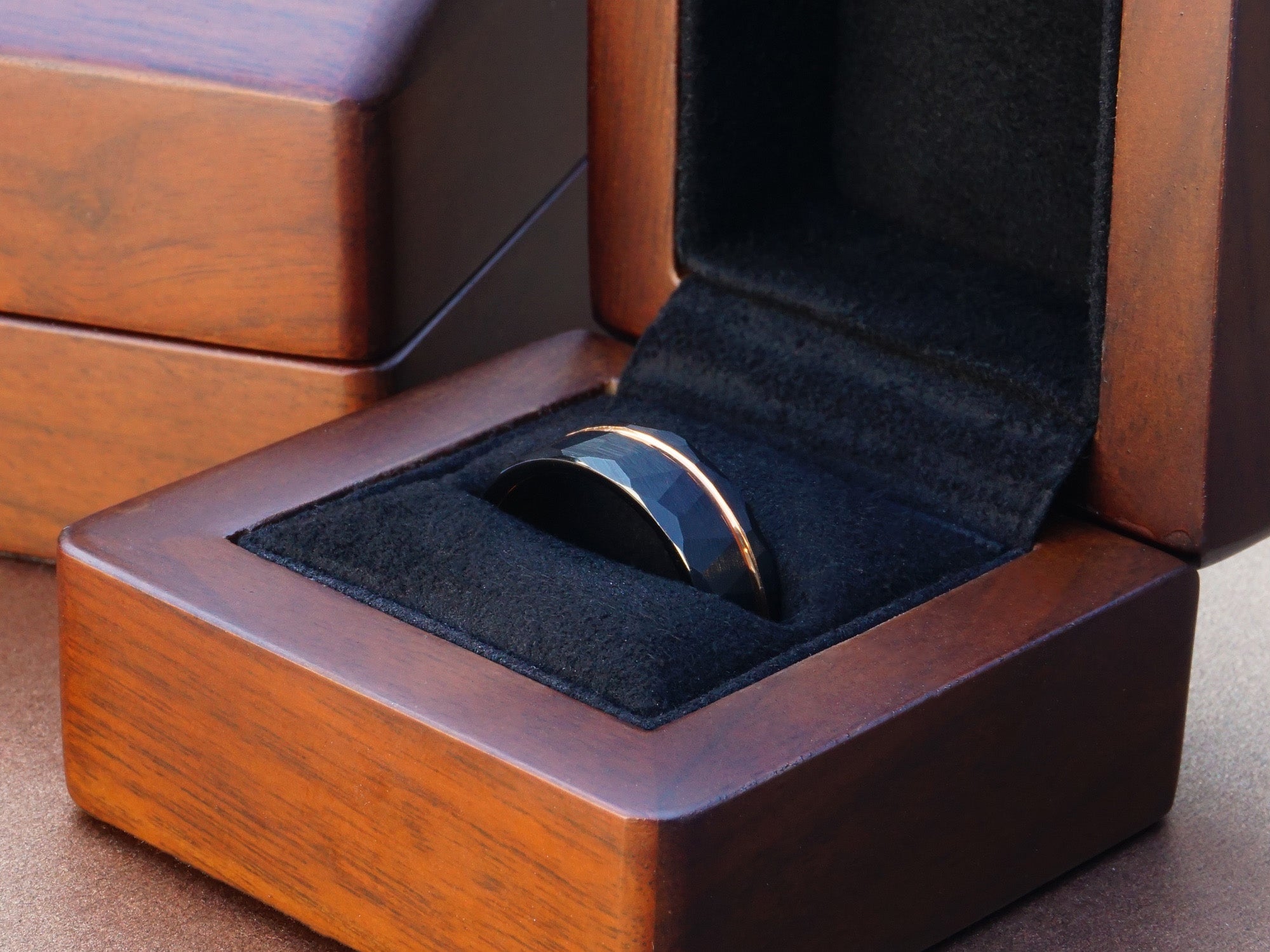 black rose gold tungsten ring, black hammered 8mm ring with rose gold stripe, mens wedding band, luxury wood ring box