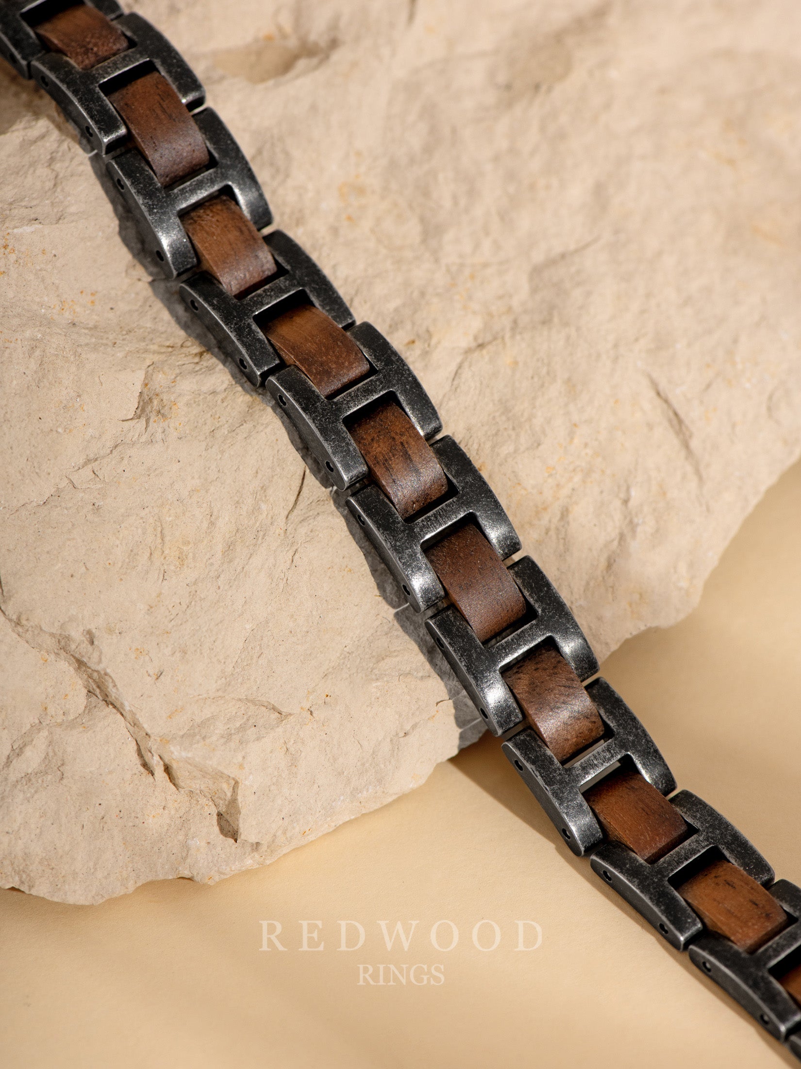 Stainless Steel & Walnut Wood Link Bracelet - Distressed Black