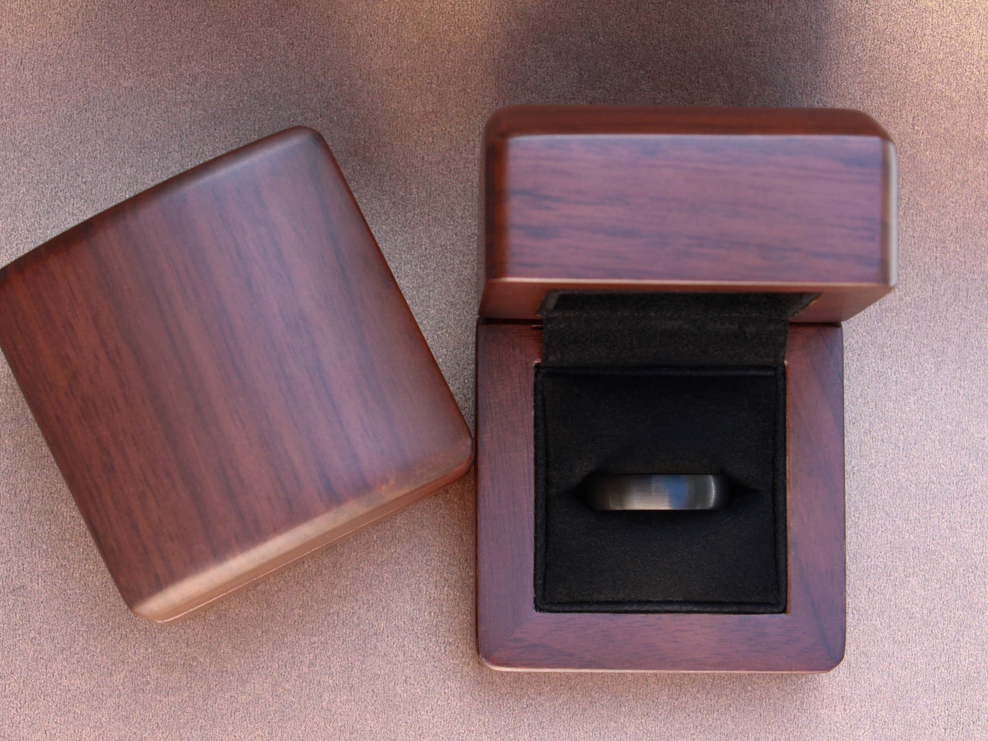 black tungsten 6mm ring, unique mens wedding ring, black brushed matte ring, walnut wood box