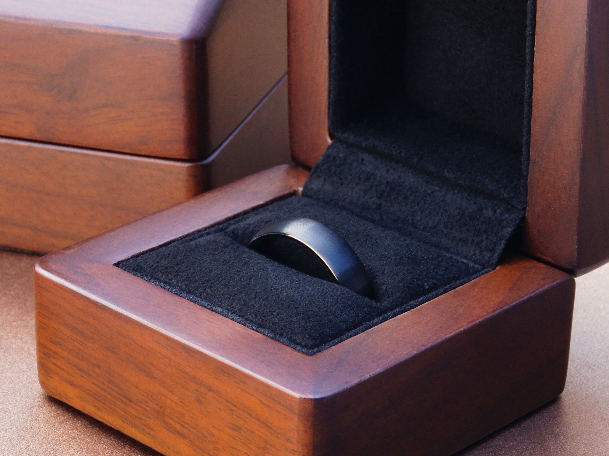 black tungsten ring, classic black brushed matte 6mm ring, minimalist mens wedding band, luxury wood ring box