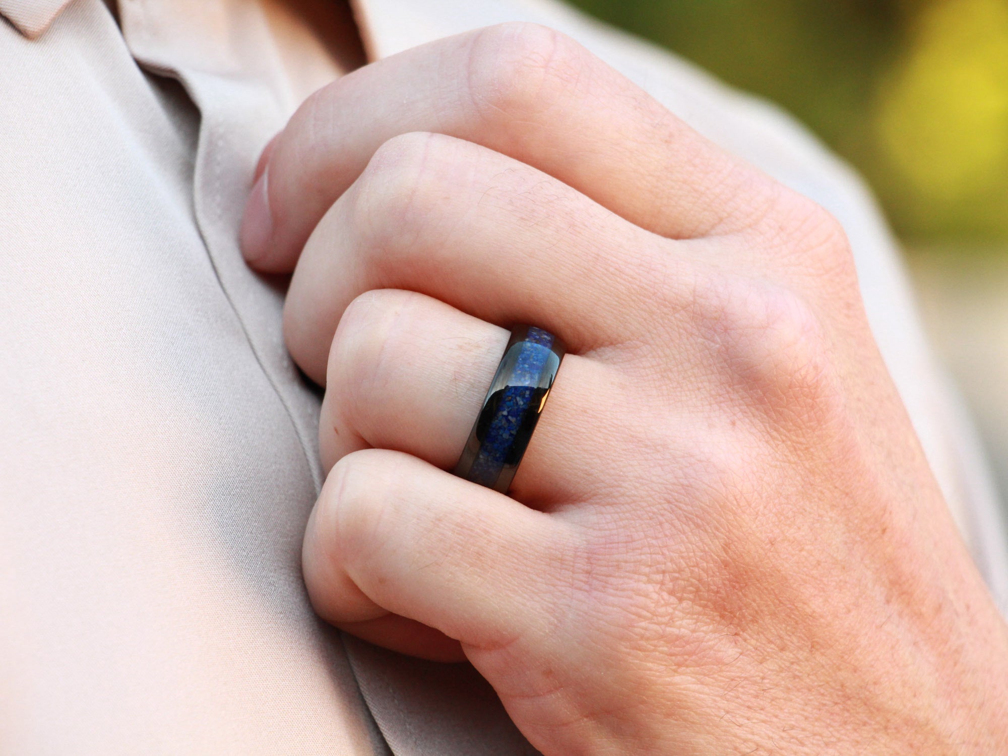 blue lapis tungsten ring, lapis lazuli gemstone inlay, 8mm black wedding band, mens hand photo