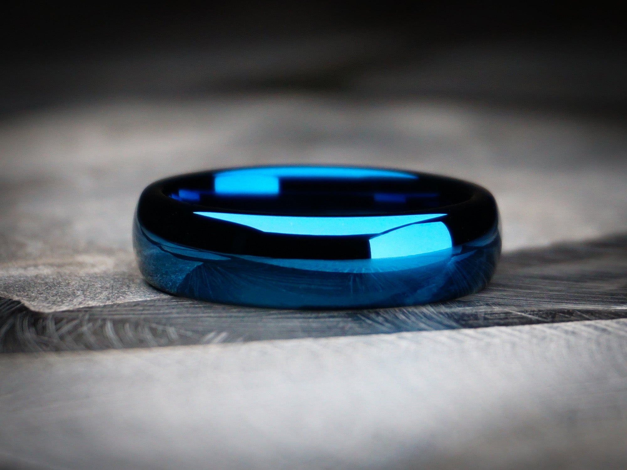 blue polished ring, ocean blue shiny tungsten ring, 6mm width, unique mens wedding ring, dark stone