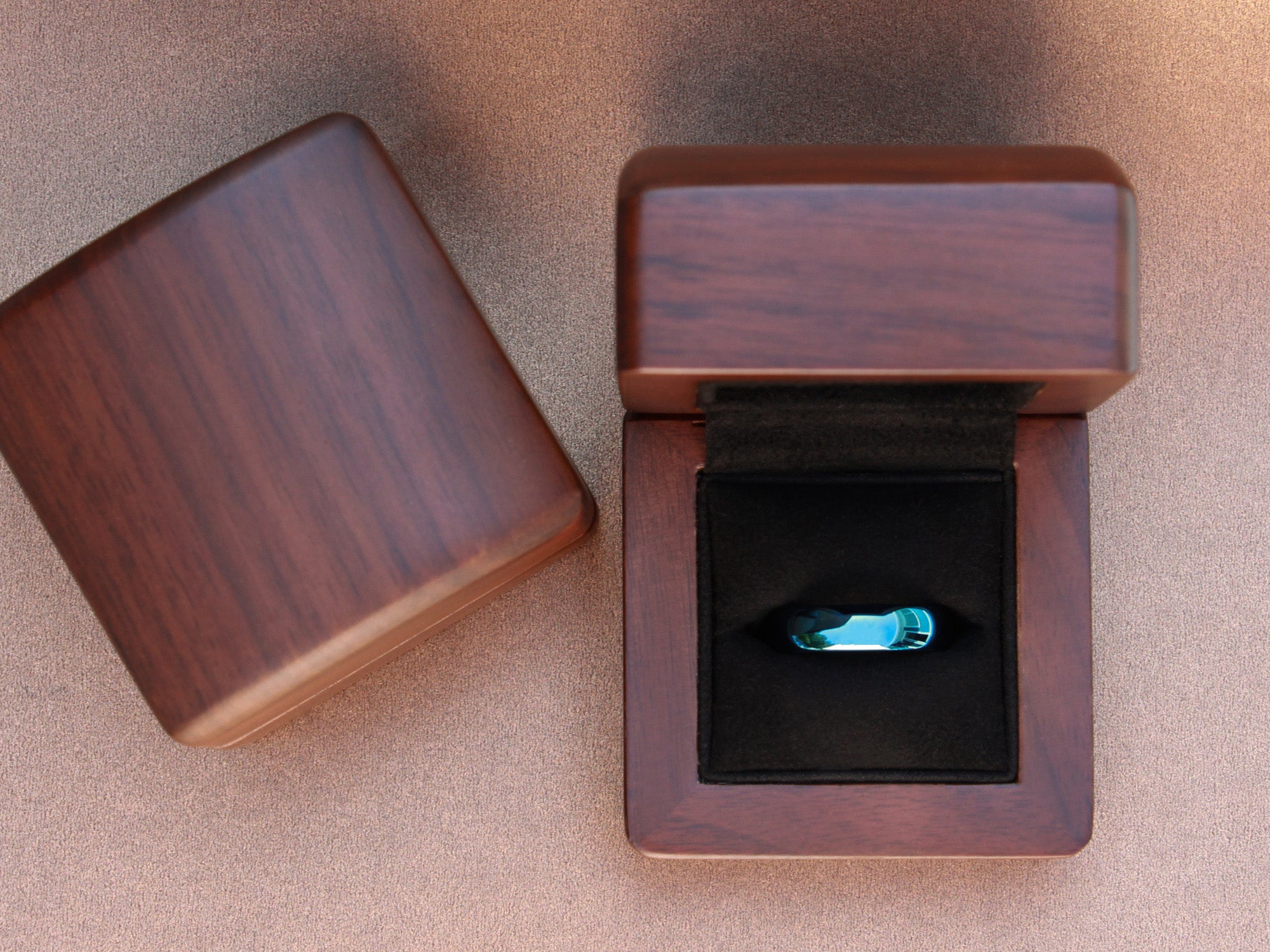 blue tungsten ring, unique unisex wedding ring, shiny blue polished ring, walnut wood box