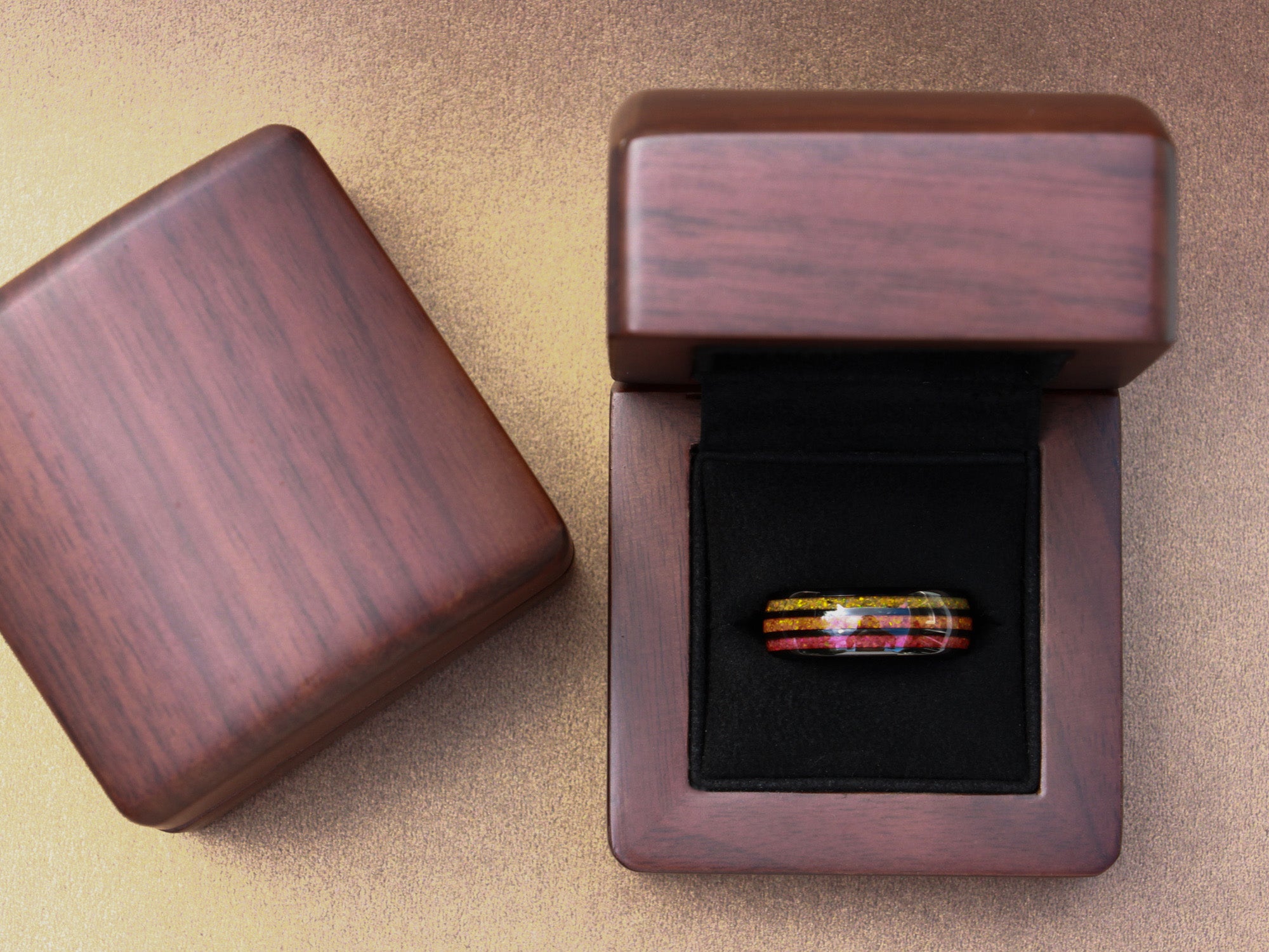 bonfire black tungsten ring, black polished ring with red orange and yellow lab opal inlays, unique mens wedding ring, walnut wood box