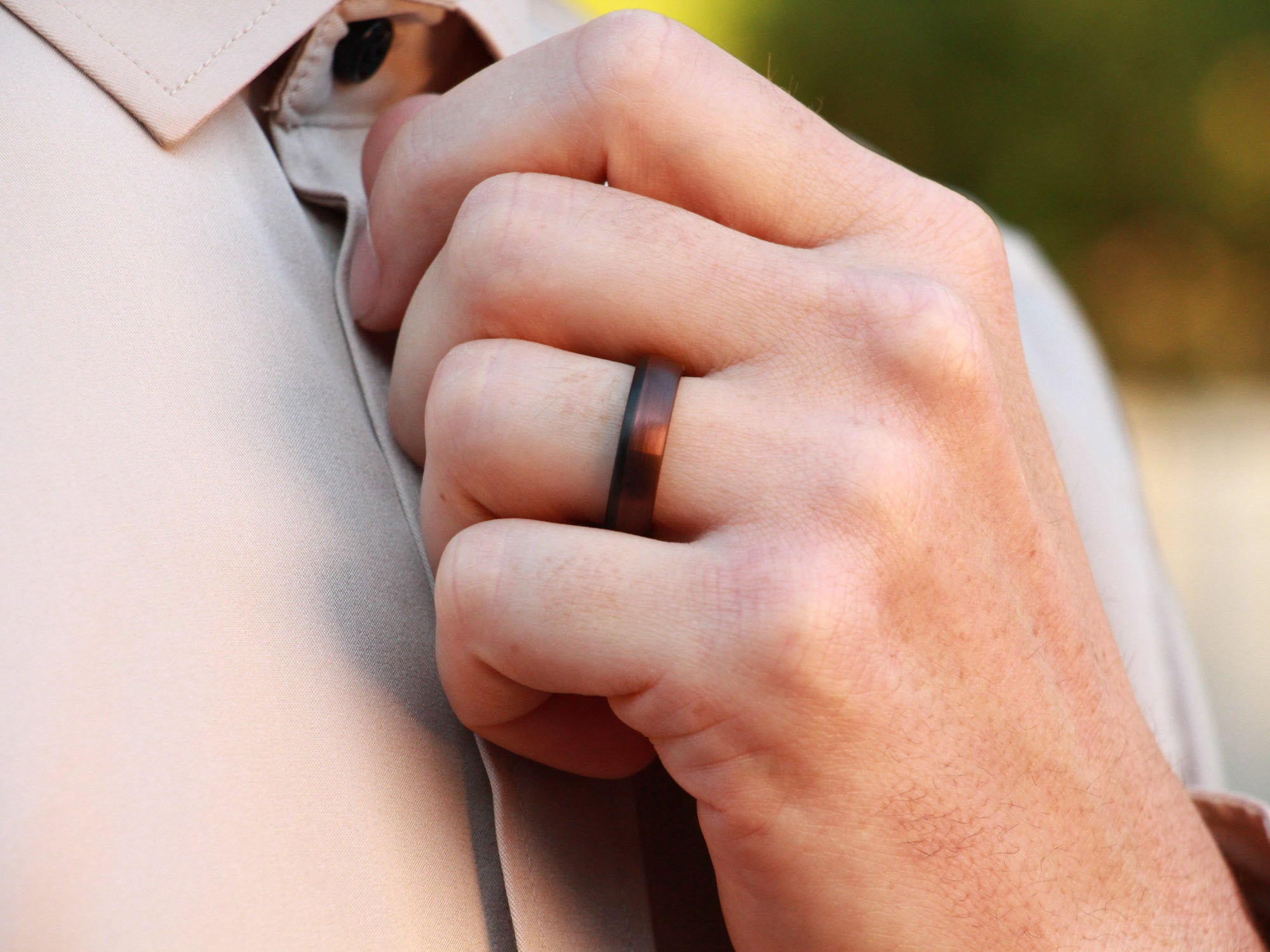 brown and black cappucinno band, tungsten ring, 6mm brown wedding band, mens hand photo