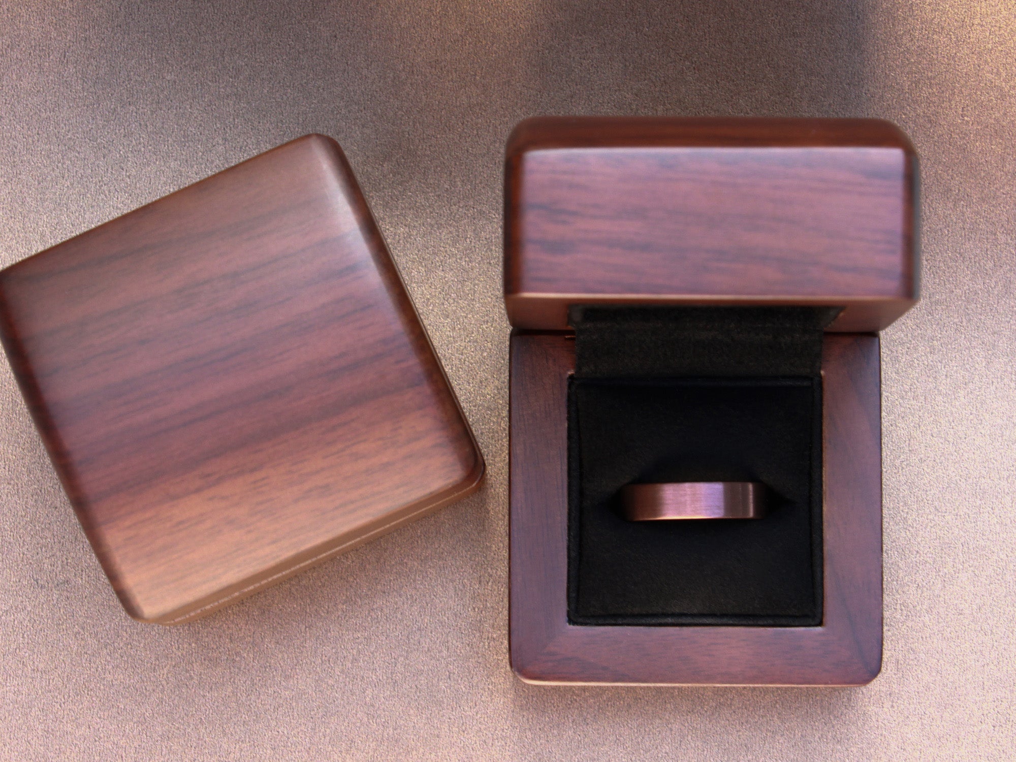 brown flat 6mm ring, unique mens wedding ring, coffee brown brushed tungsten ring, walnut wood box