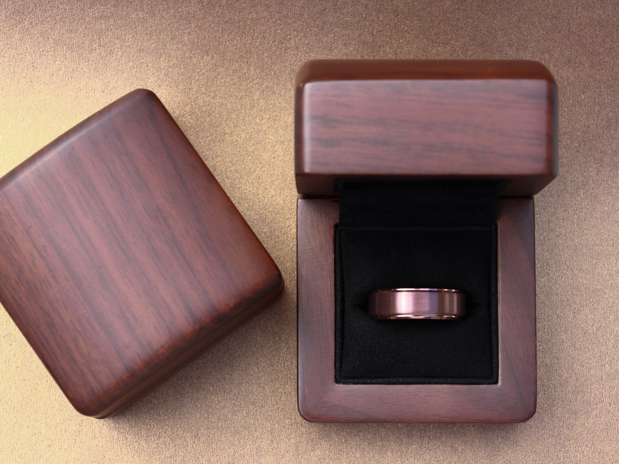 brown gentlemans tungsten ring, unique mens wedding ring, brown matte ring with stepped edges, walnut wood box