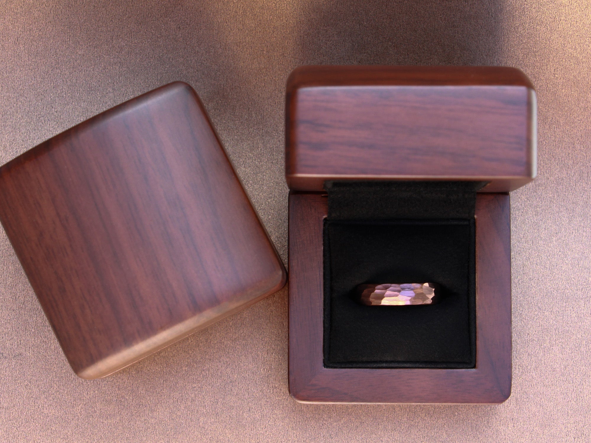 brown hammered tungsten 6mm ring, unique unisex wedding ring, brown hammered ring, walnut wood box