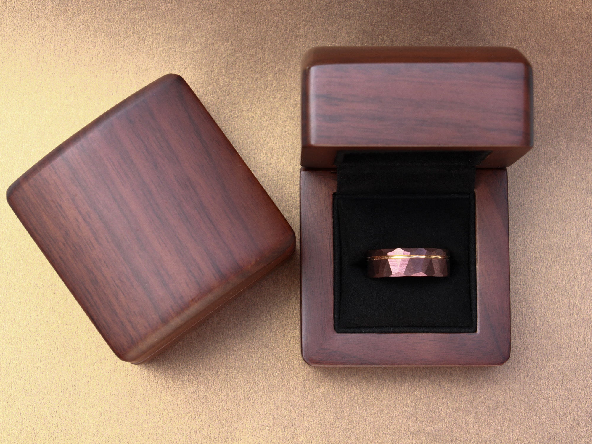 brown hammered tungsten ring with rose gold strip, unique mens wedding ring, coffee tungsten ring, walnut wood box