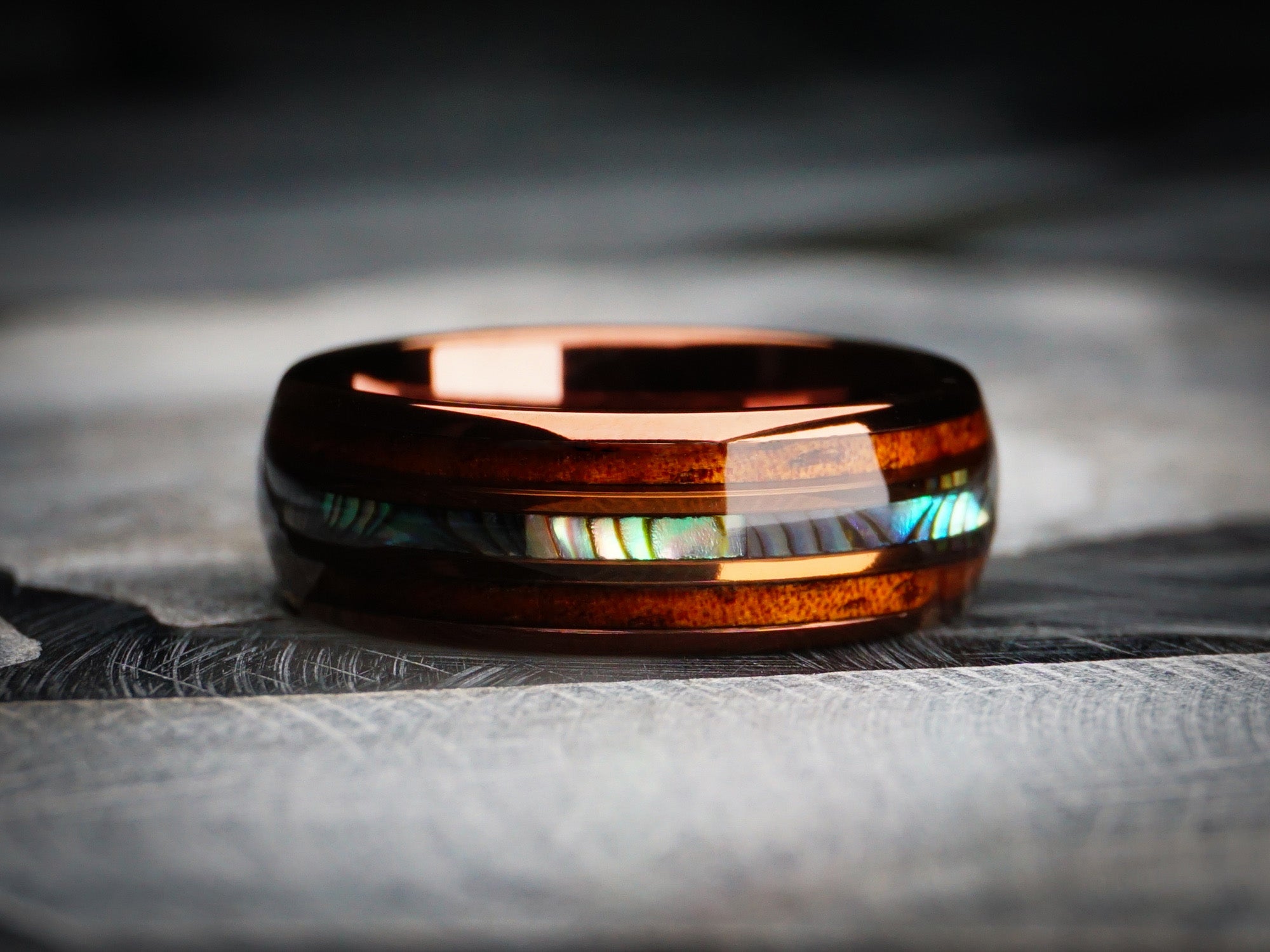 brown polished ring with hawaiian koa wood and abalone shell inlay, 8mm width, brown wood tungsten ring, mens shell wedding ring, dark stone