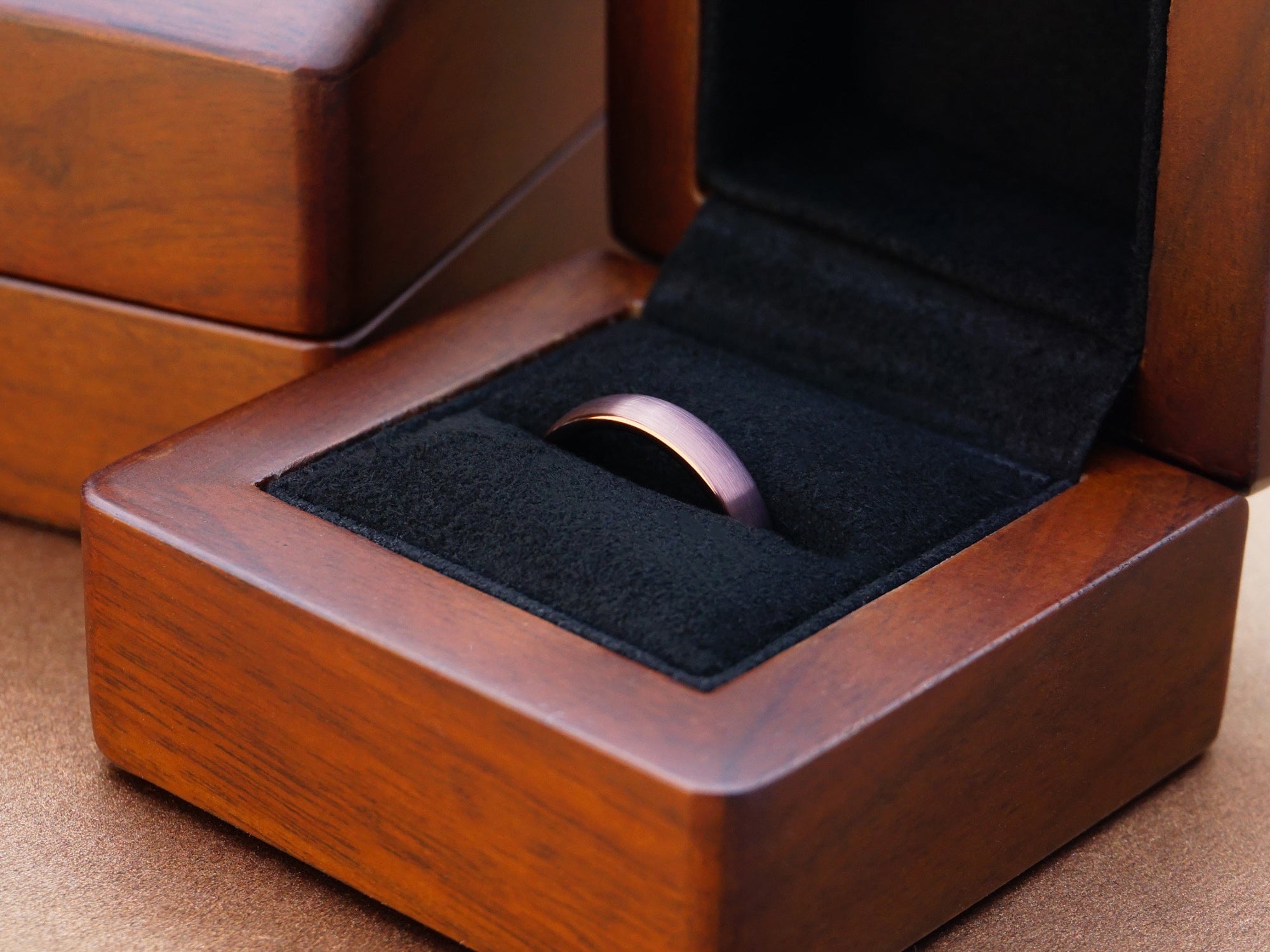 brown tungsten ring, coffee brown brushed matte 4mm ring, minimalist womens wedding band, luxury wood ring box