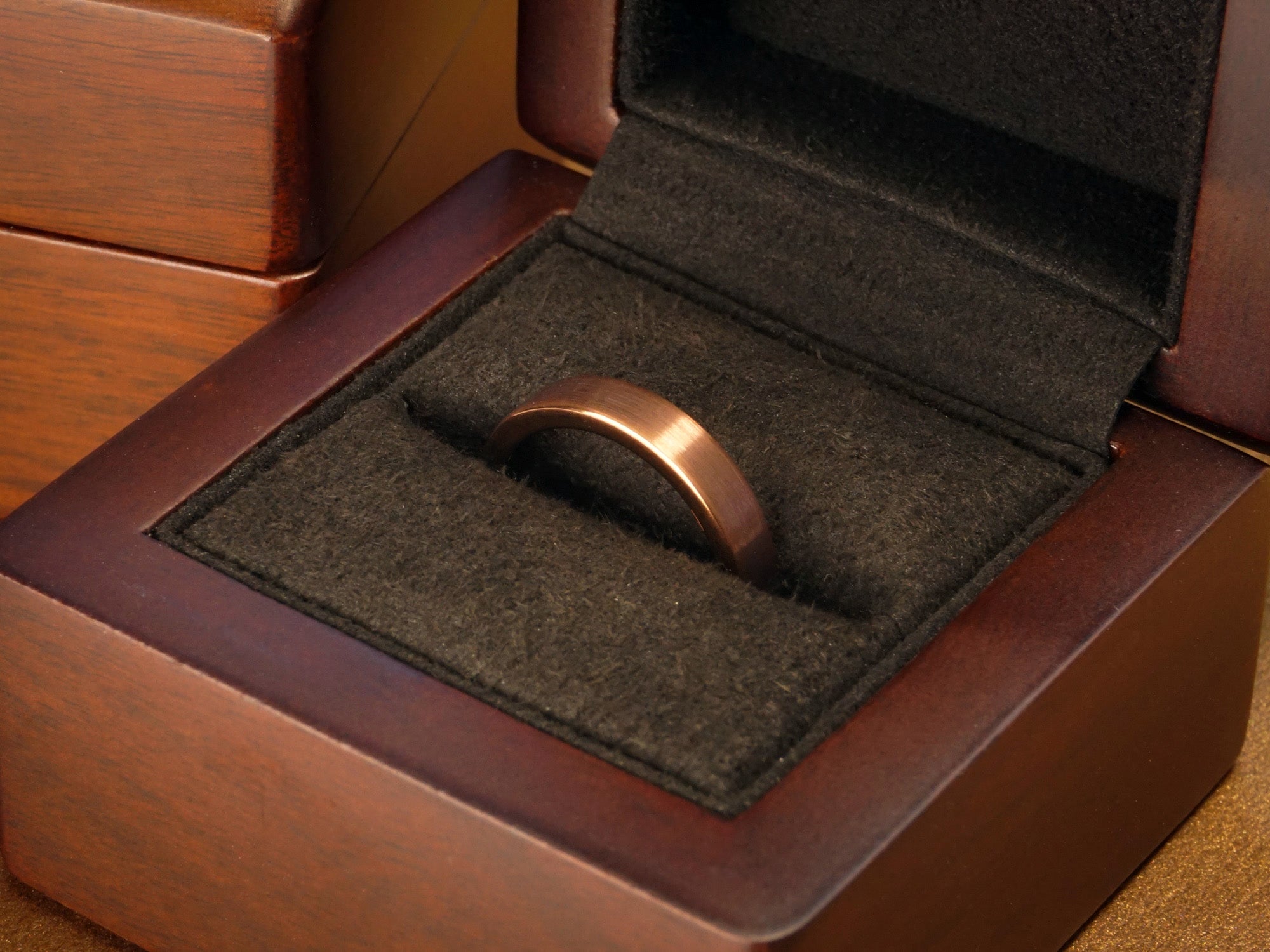brown tungsten ring, flat coffee brown brushed matte 4mm ring, minimalist mens wedding band, luxury wood ring box