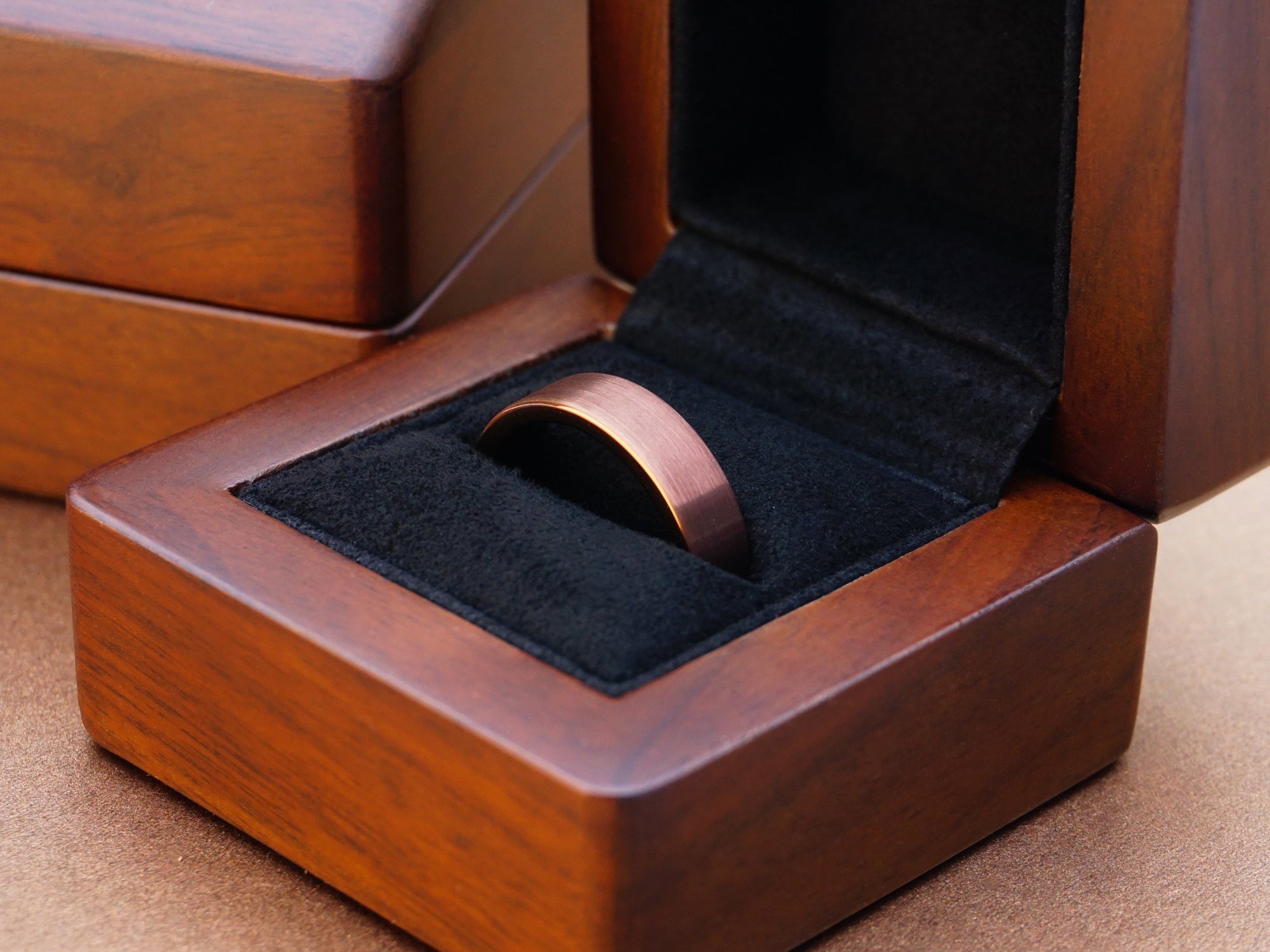 brown tungsten ring, flat coffee brown brushed matte 6mm ring, minimalist mens wedding band, luxury wood ring box