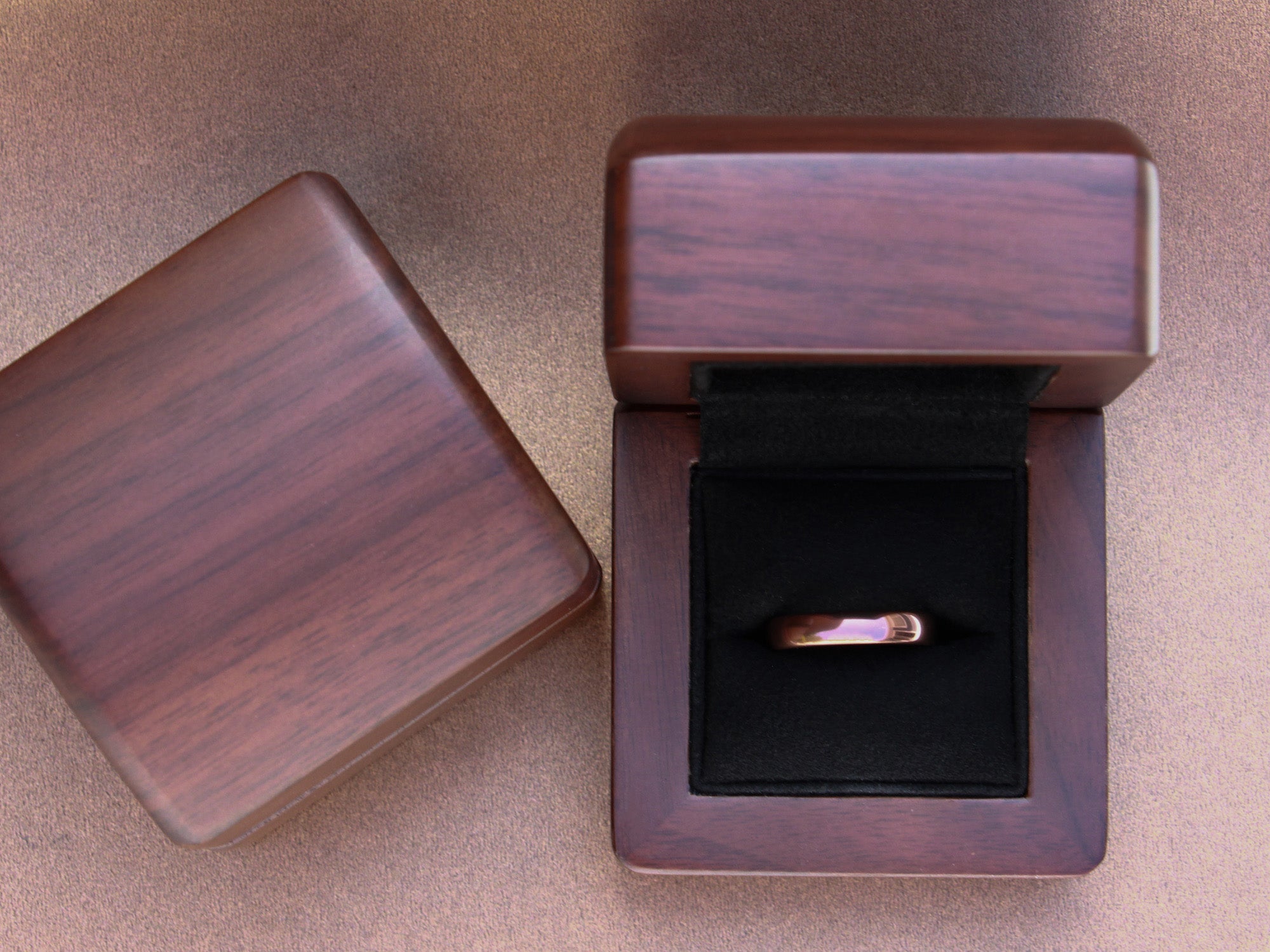 coffee brown tungsten 4mm ring, unique womens wedding band, shiny brown polished ring, walnut wood box