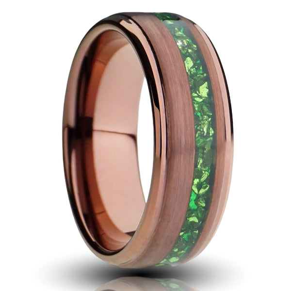 copper emerald gentlemans band, lab grown offset green emerald inlay, brown plated tungsten, brushed finish with stepped edges, cutout photo
